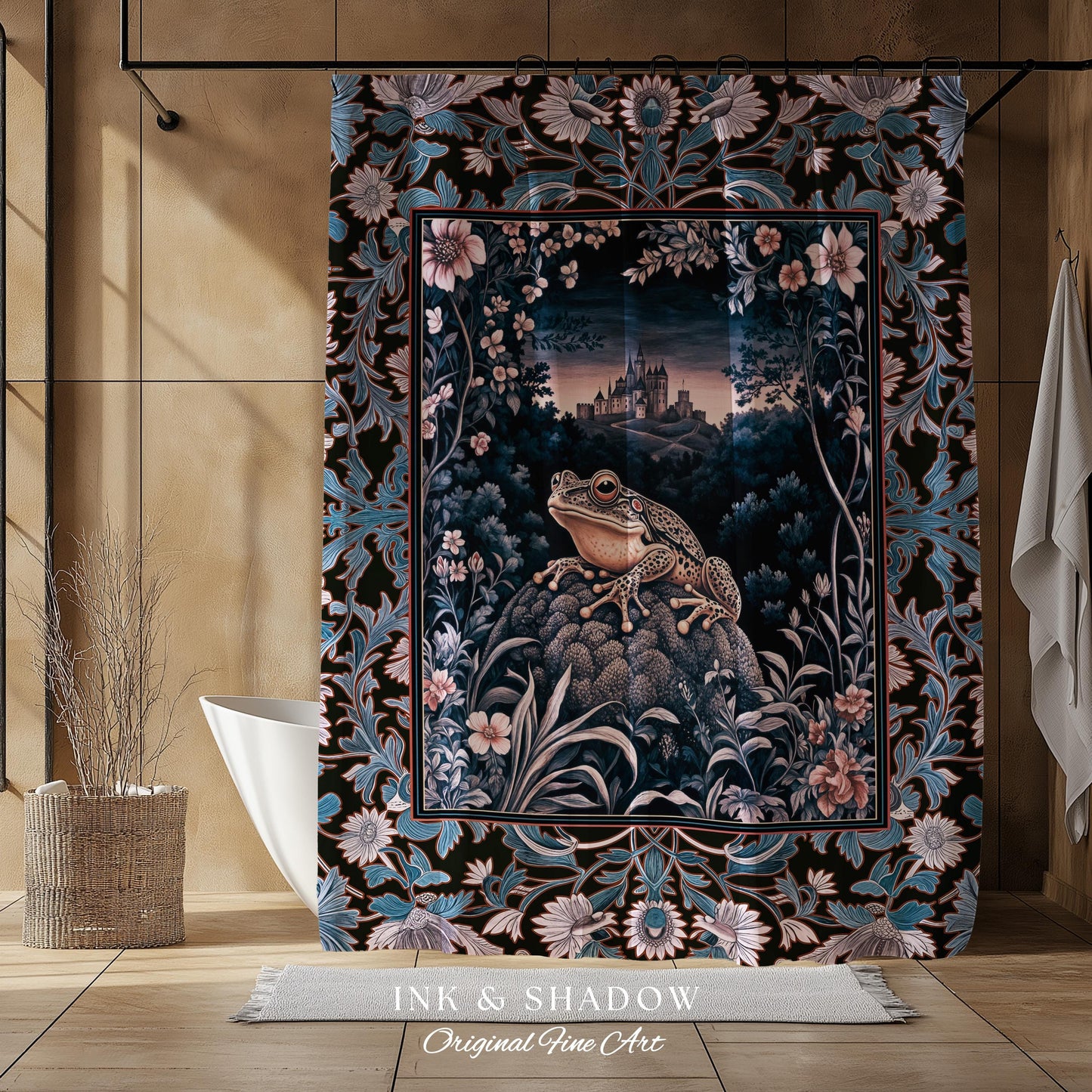 Witchy Toad Shower Curtain for Moody Bathroom | Dark Victorian Floral Frog Lover Decor Eclectic Bath Room Whimsical Cottagecore Aesthetic |