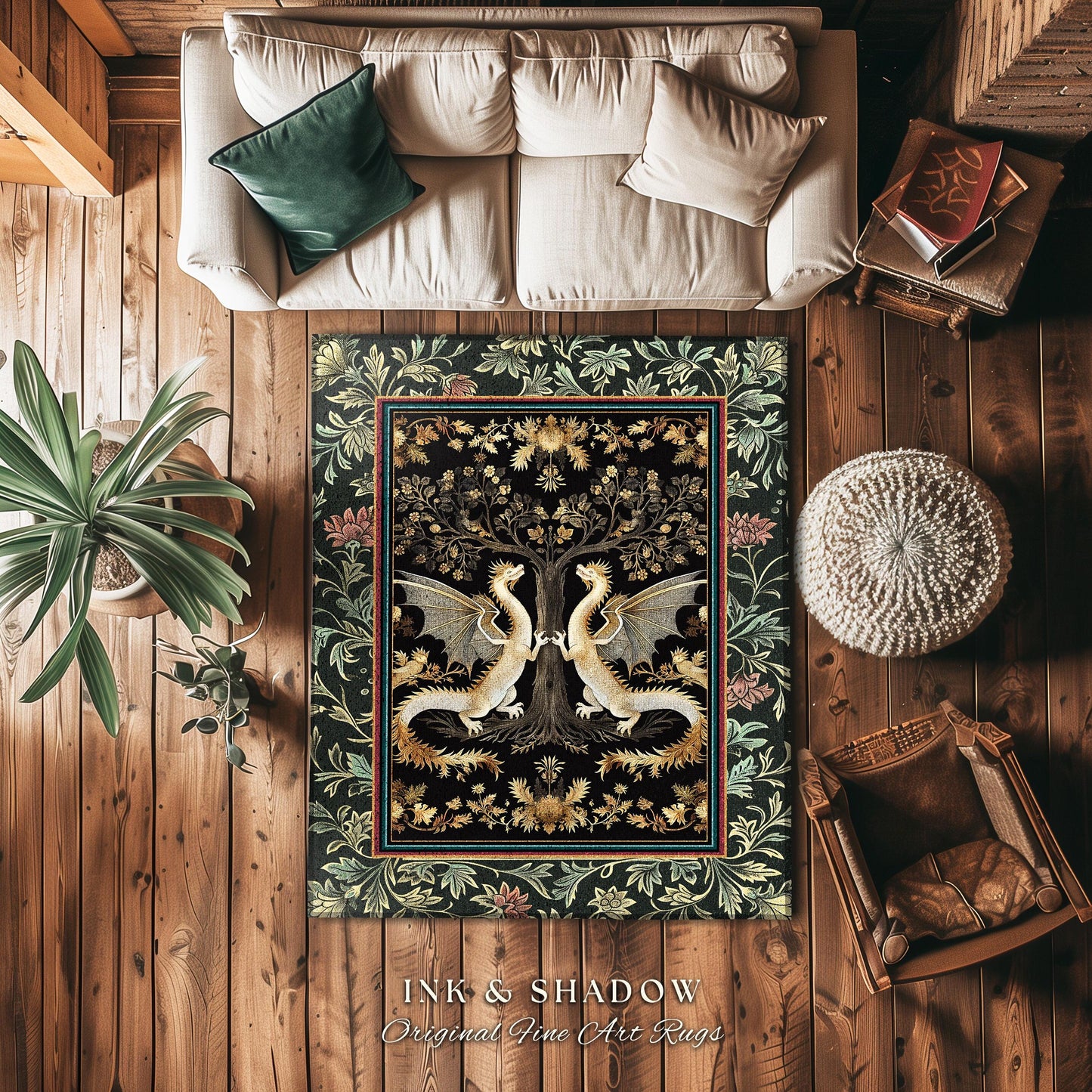 Mystical Forest Dragons Rug Ornate Medieval Woodland Gothic Cottagecore Decor, Folklore Inspired Whimsigothic Botanical Baroque Aesthetic