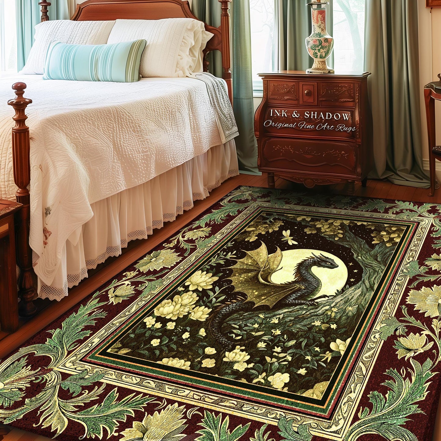 Woodland Gothic Dragon Area Rug Mystical Forest Green Full Moon Celestial Magic Fantasy Rug | Whimsigothic Enchanted Fairytale Bedroom Style