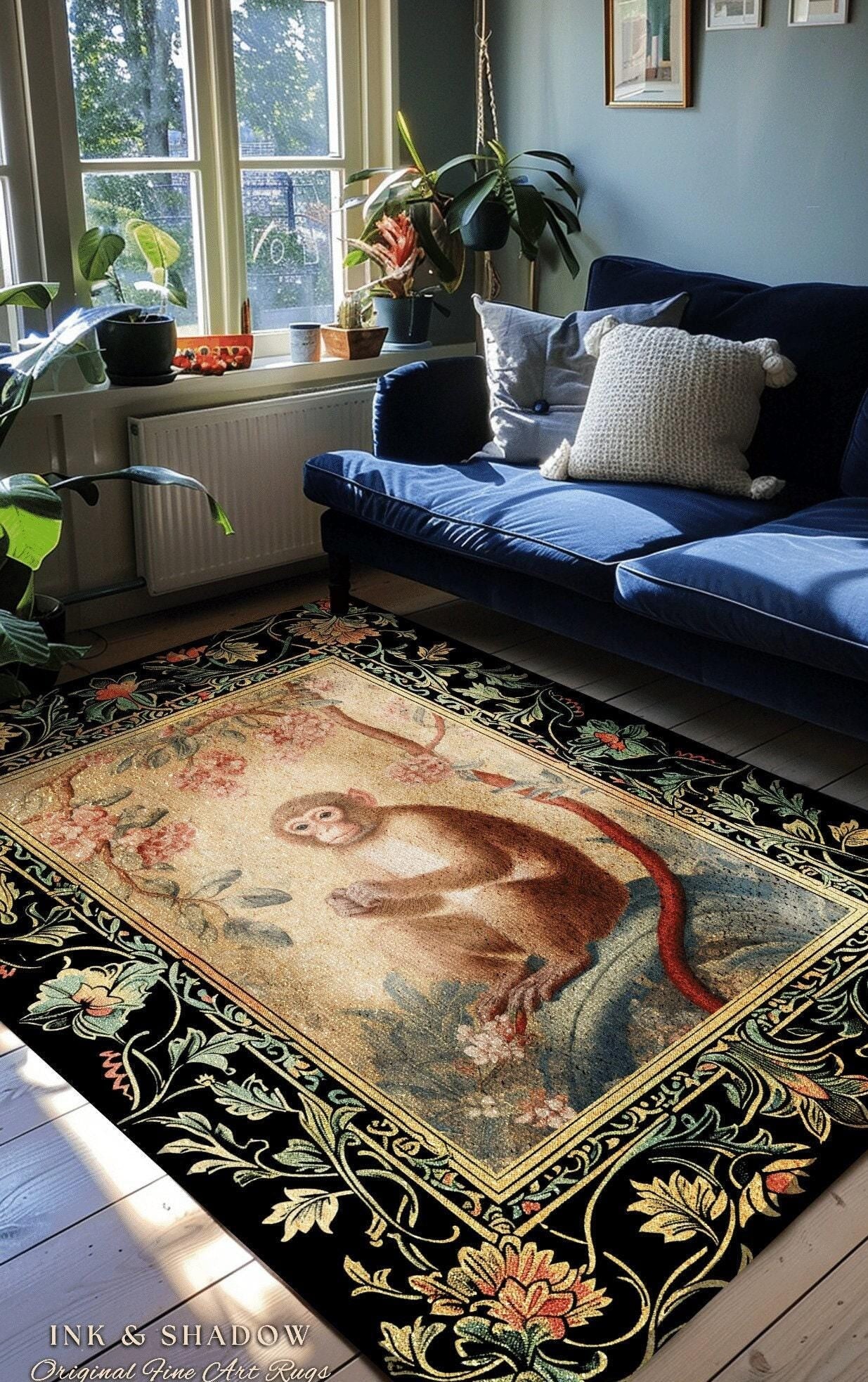 Victorian Gothic Decorative Rug | Woodland Gothic Room Decor William Morris Monkey Vintage Cottagecore Aesthetic Dark Fairycore Bedroom Art