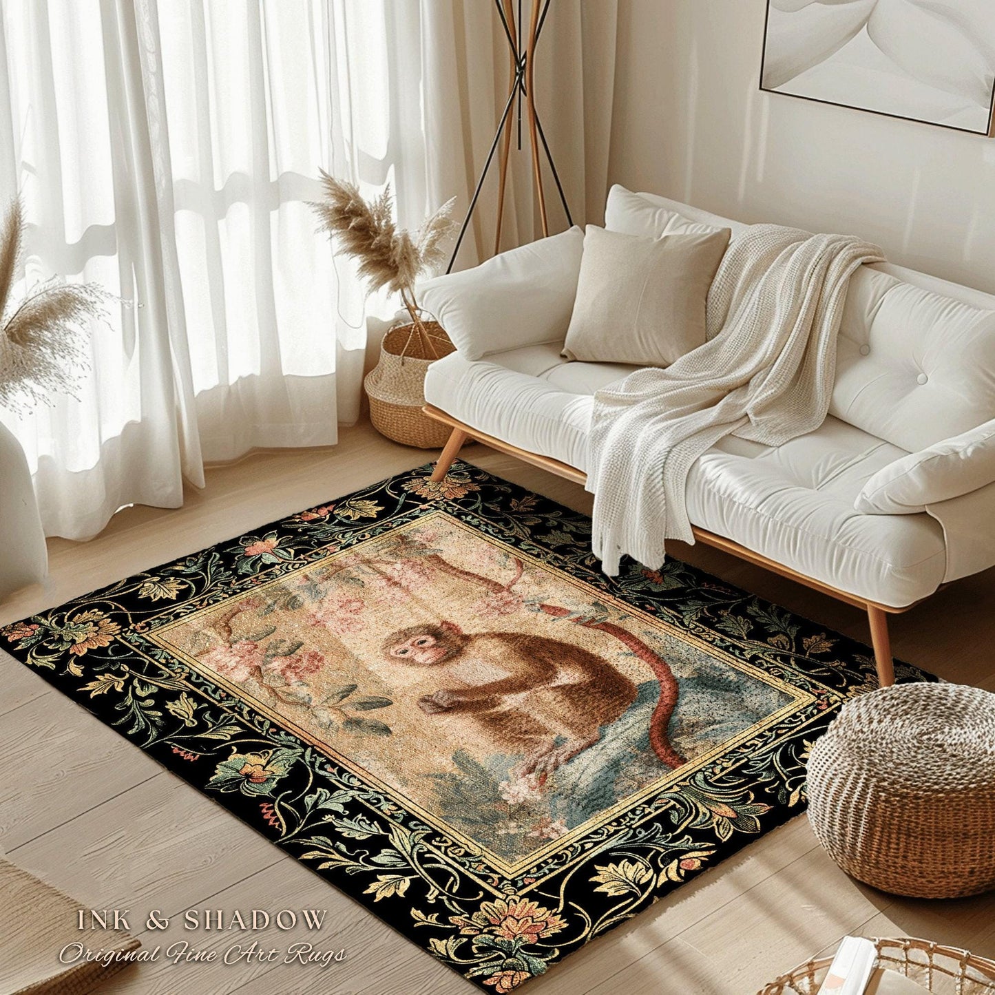 Victorian Gothic Decorative Rug | Woodland Gothic Room Decor William Morris Monkey Vintage Cottagecore Aesthetic Dark Fairycore Bedroom Art