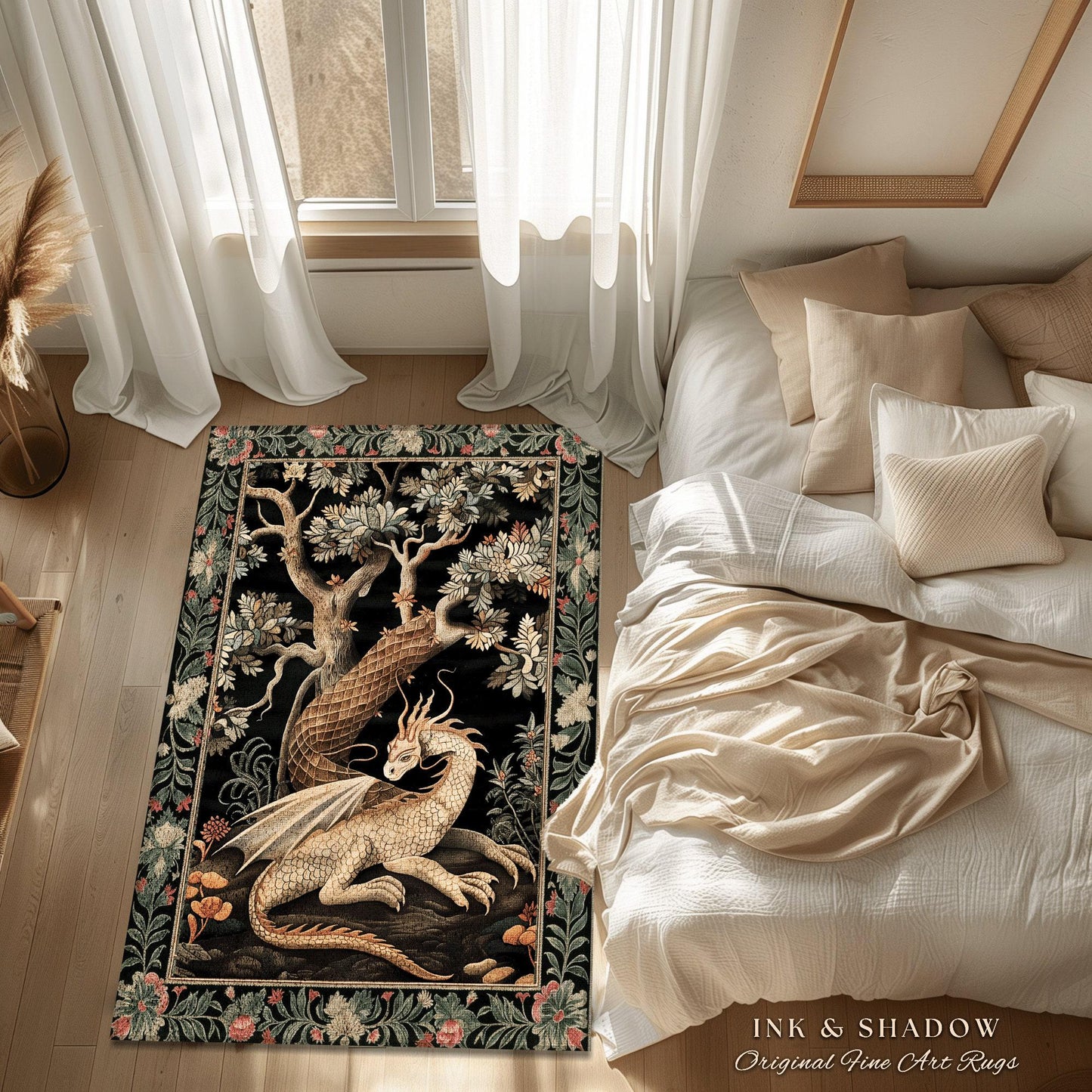 Dark Medieval Dragon Aesthetic Round Area Rug | Folklore Room Decor Fairytale Inspired DnD Gift Dark Cottagecore Fairycore Game Room Decor