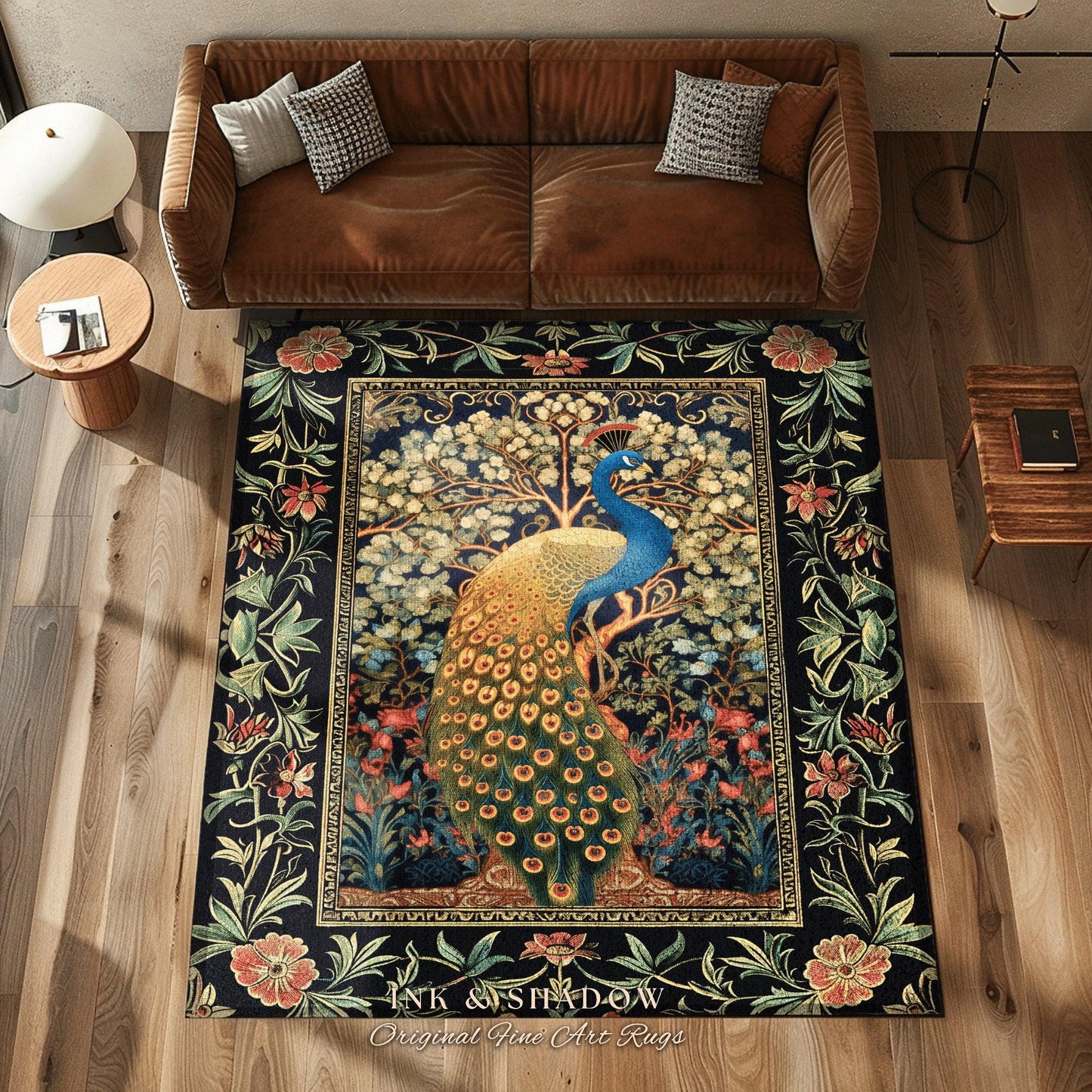 Baroque Floral Forestcore Ornate Round Peacock Rug | Medieval Gothic Woodland Morris Inspired Whimsical Witchy Cottagecore Ethereal Bird Art
