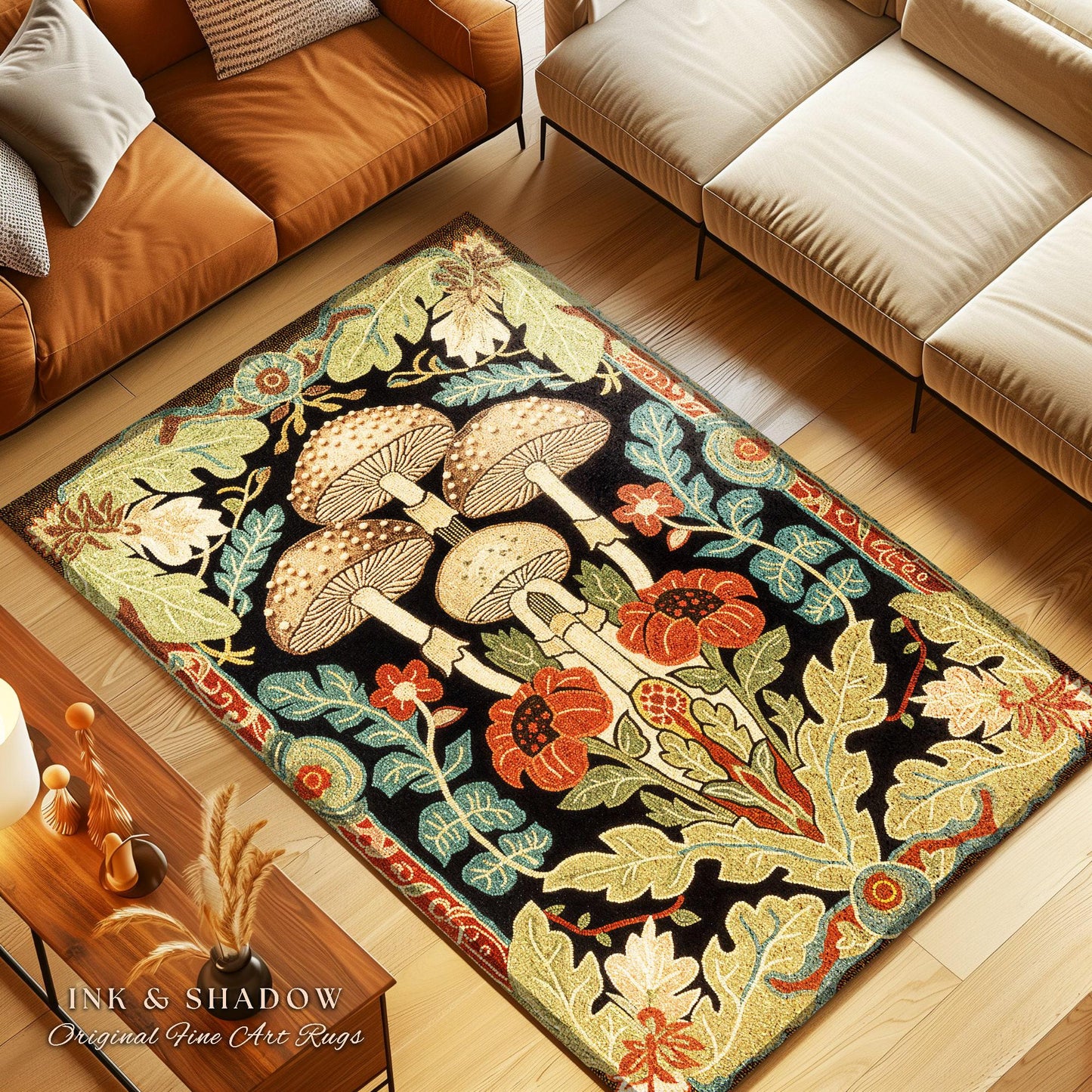 Midcentury Mushroom Rug | 70s Aesthetic Bedroom Boho Living Room Home Decor Mushroom Lover Gift Cottagecore Earth Tone Woodland Area Rug |