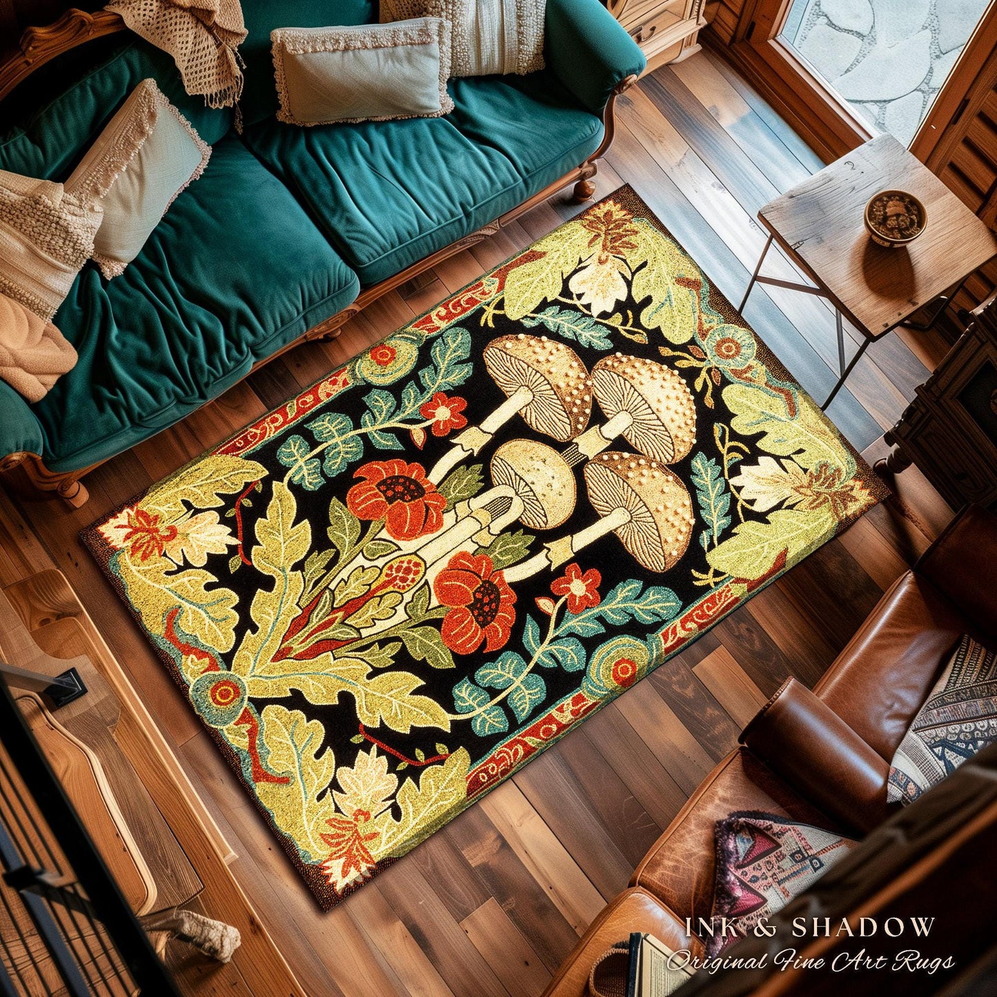 Midcentury Mushroom Rug | 70s Aesthetic Bedroom Boho Living Room Home Decor Mushroom Lover Gift Cottagecore Earth Tone Woodland Area Rug |