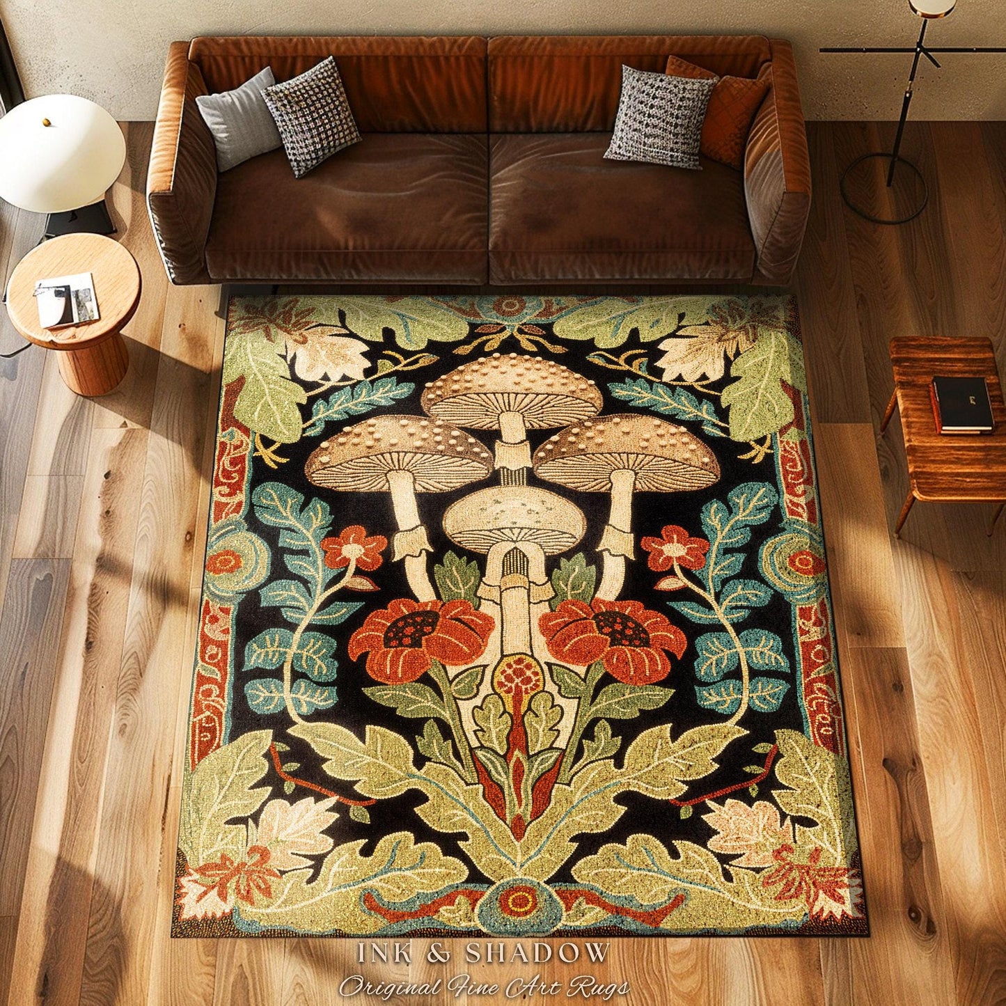 Midcentury Mushroom Rug | 70s Aesthetic Bedroom Boho Living Room Home Decor Mushroom Lover Gift Cottagecore Earth Tone Woodland Area Rug |