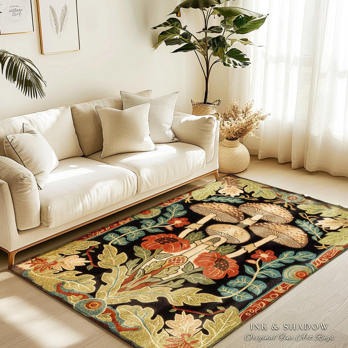 Midcentury Mushroom Rug | 70s Aesthetic Bedroom Boho Living Room Home Decor Mushroom Lover Gift Cottagecore Earth Tone Woodland Area Rug |