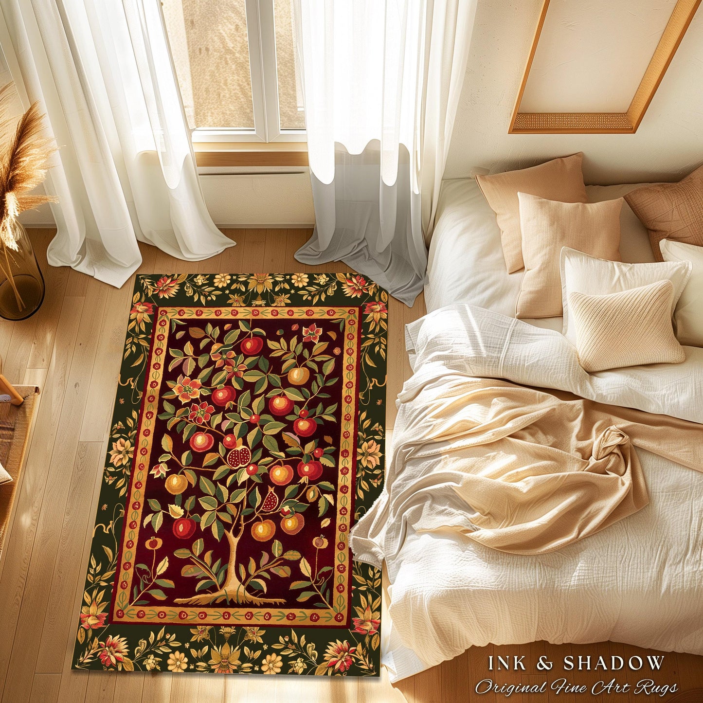 Pomegranate Tree Medieval Rug | Fruitful Aesthetic Living Room Moroccan Home Decor Rustic Housewarming Gift Cottagecore Nature Bedroom |