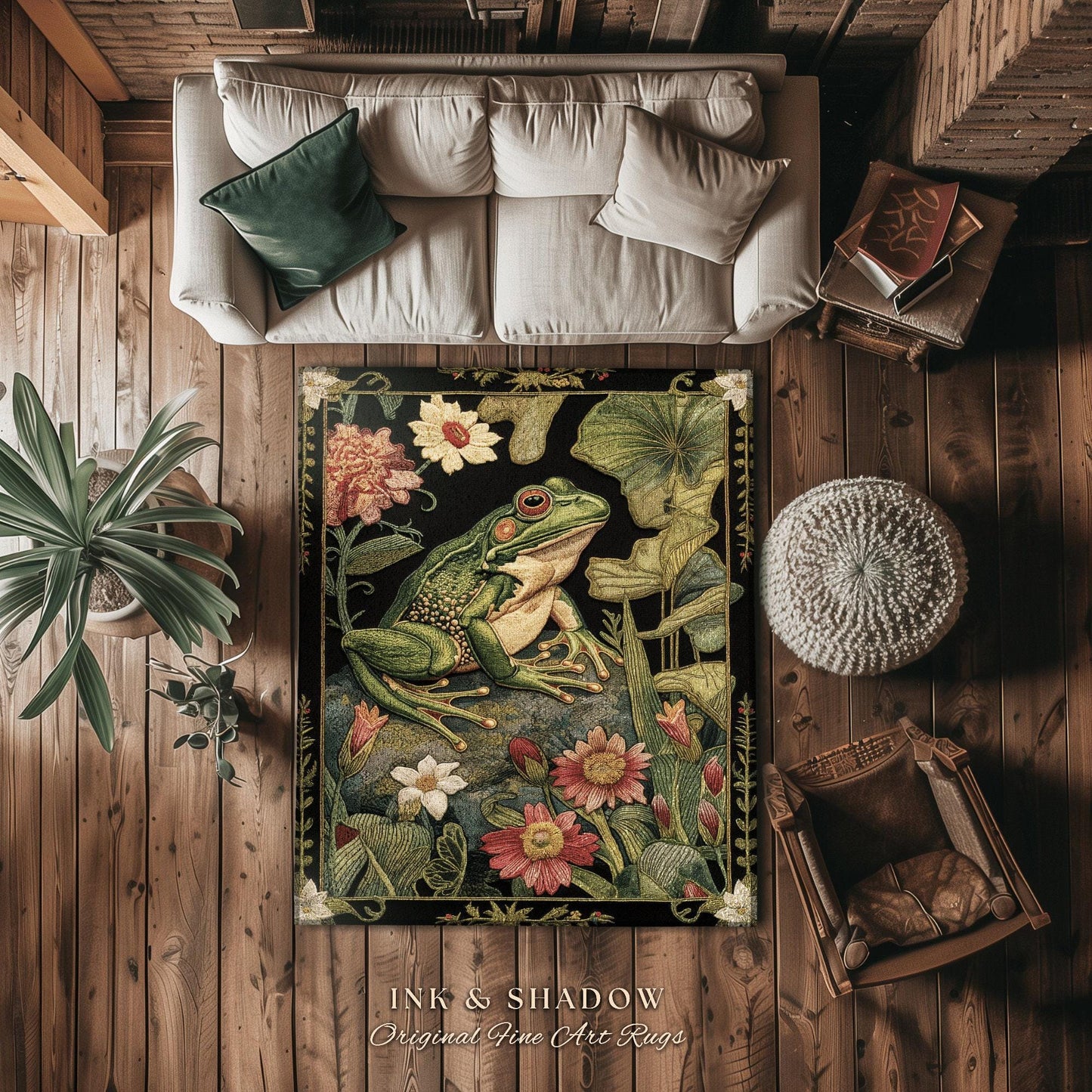 Woodland Toad Floor Mat | Fairy Aesthetic Living Room Home Decor Frog Lover Gift Cottagecore Earth Tone Bedroom Floor Mat Mystical Botanical