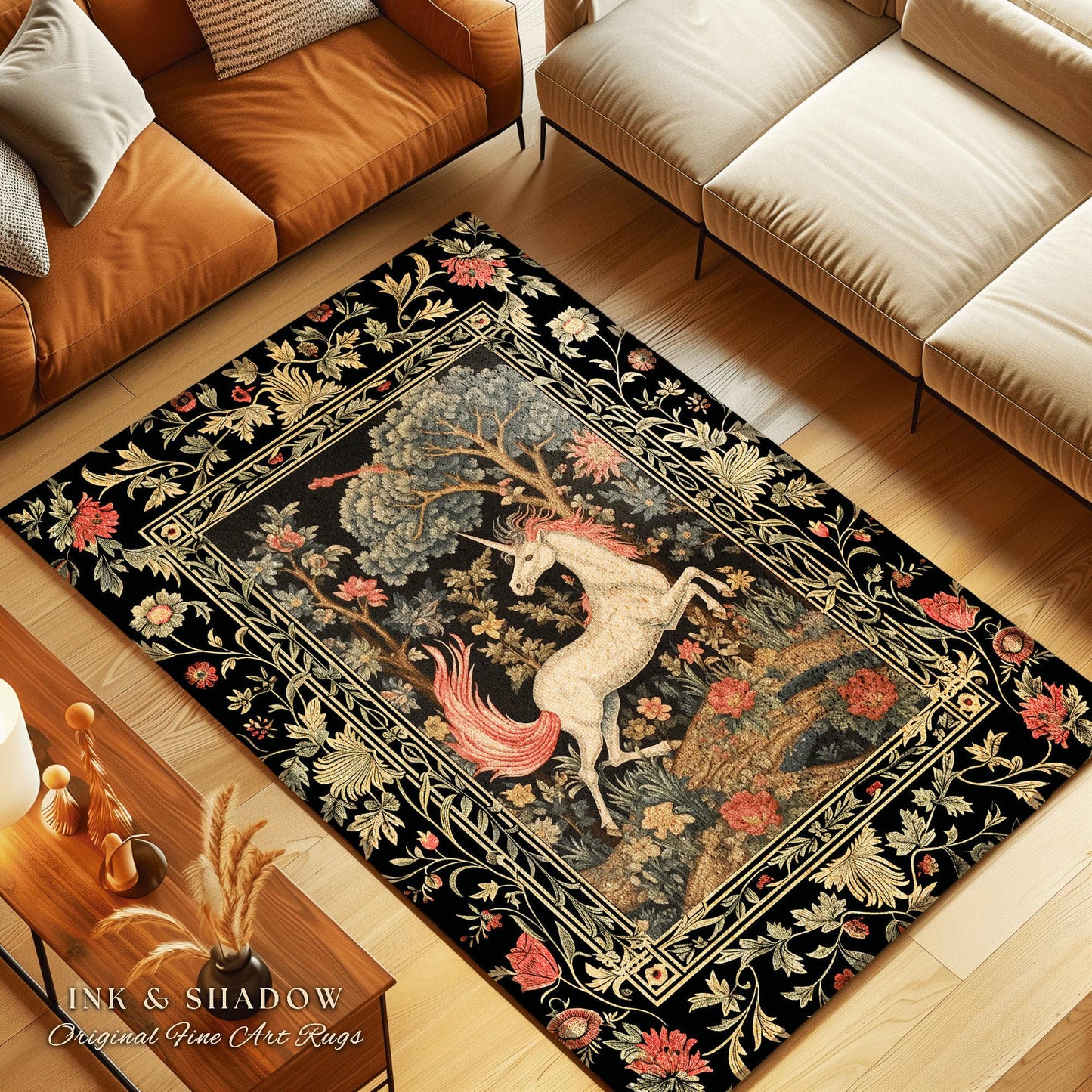 Folklore Unicorn Rug | Princesscore Room Decor William Morris Inspired Cottagecore Aesthetic Fairycore Bedroom Magical Unicorn Art Medieval