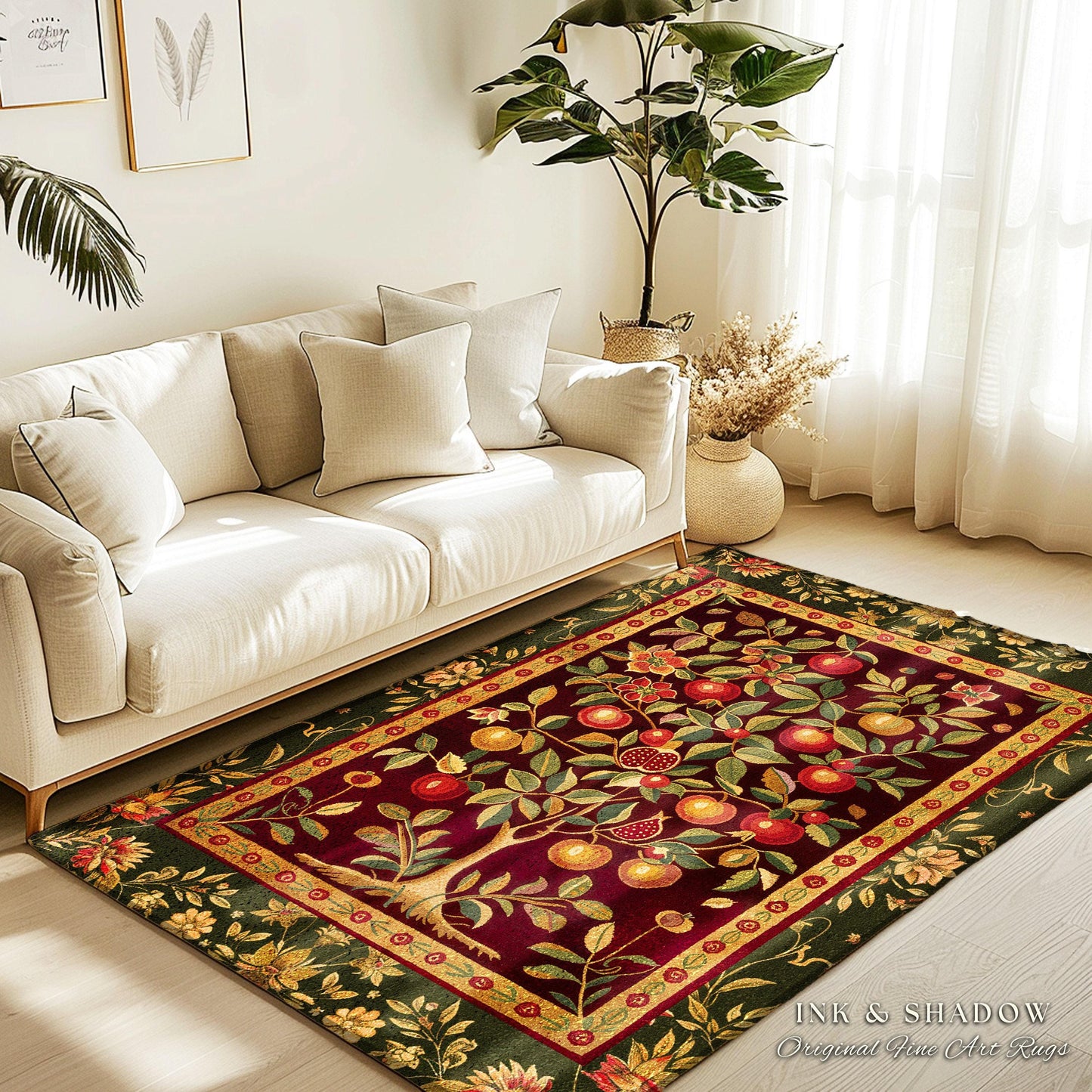 Pomegranate Tree Medieval Rug | Fruitful Aesthetic Living Room Moroccan Home Decor Rustic Housewarming Gift Cottagecore Nature Bedroom |