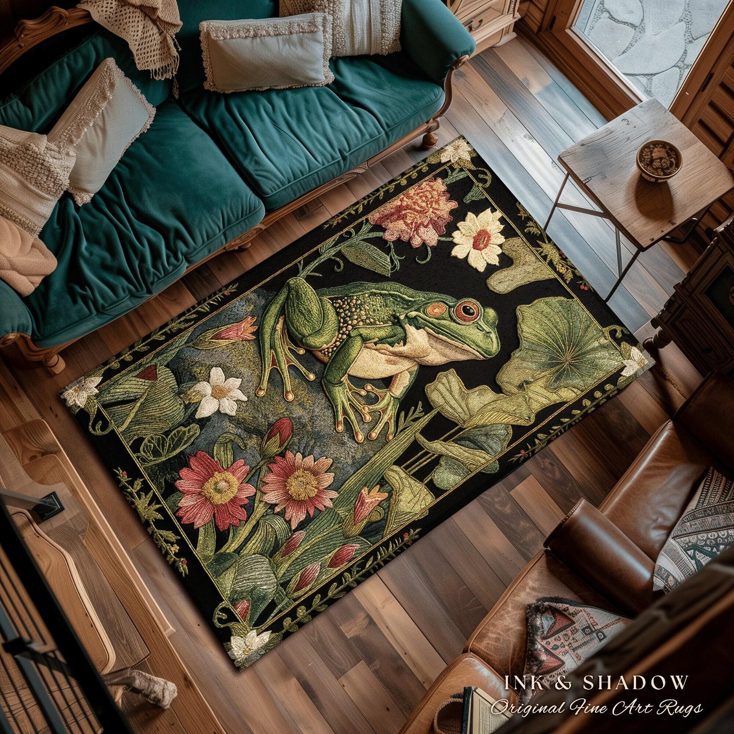 Woodland Toad Floor Mat | Fairy Aesthetic Living Room Home Decor Frog Lover Gift Cottagecore Earth Tone Bedroom Floor Mat Mystical Botanical
