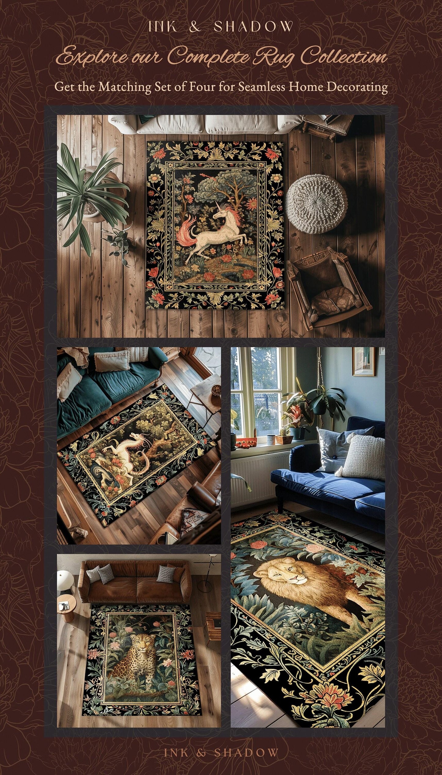 Folklore Unicorn Rug | Princesscore Room Decor William Morris Inspired Cottagecore Aesthetic Fairycore Bedroom Magical Unicorn Art Medieval