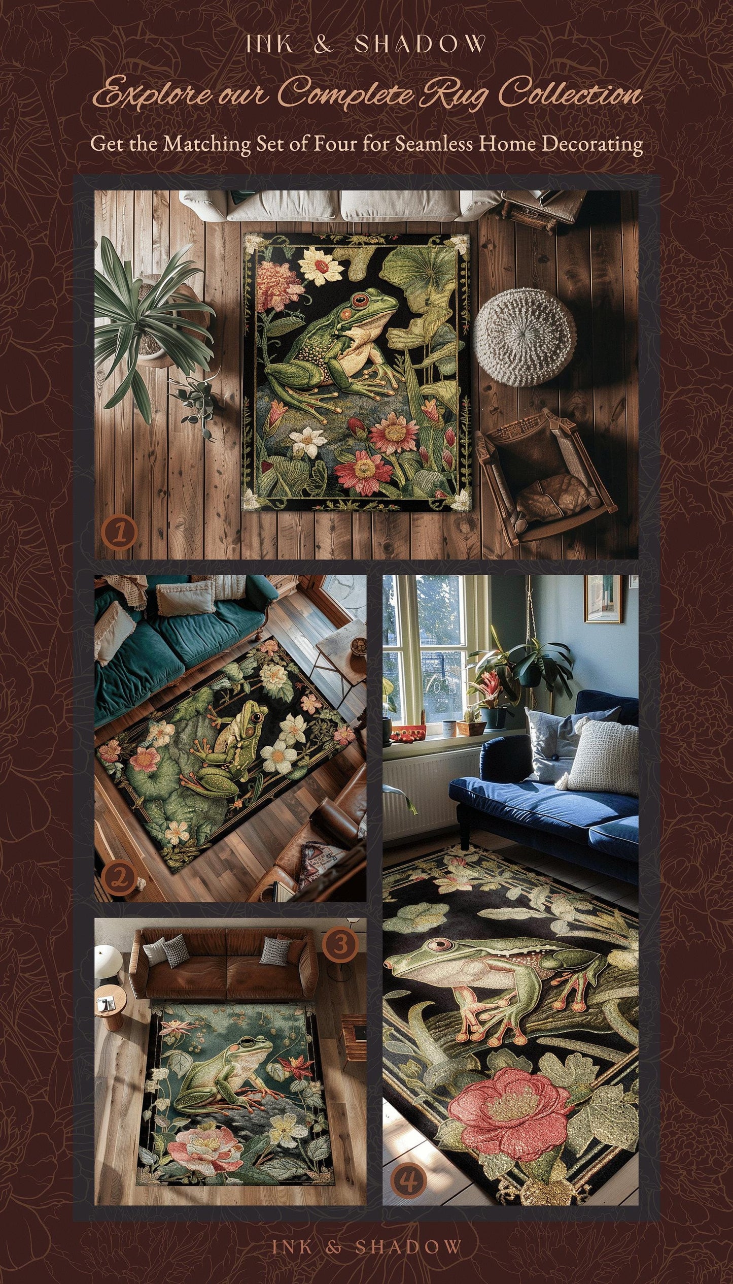 Woodland Toad Floor Mat | Fairy Aesthetic Living Room Home Decor Frog Lover Gift Cottagecore Earth Tone Bedroom Floor Mat Mystical Botanical