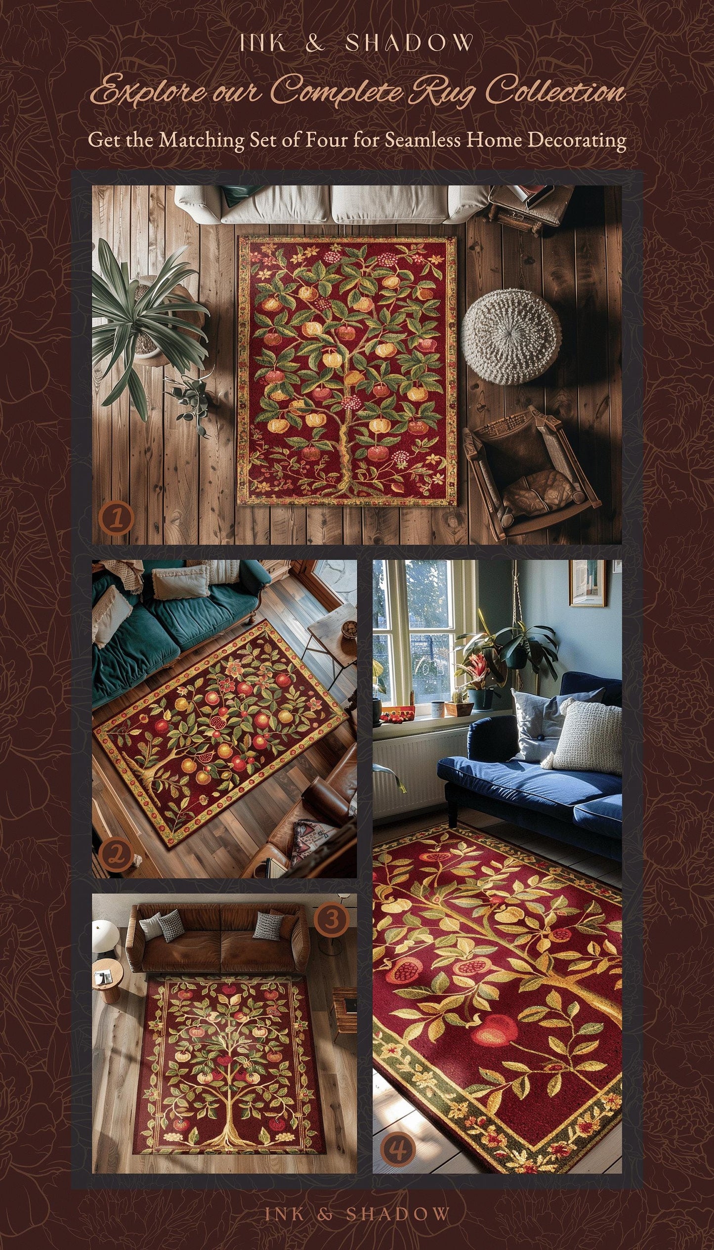 Pomegranate Tree Medieval Rug | Fruitful Aesthetic Living Room Moroccan Home Decor Rustic Housewarming Gift Cottagecore Nature Bedroom |