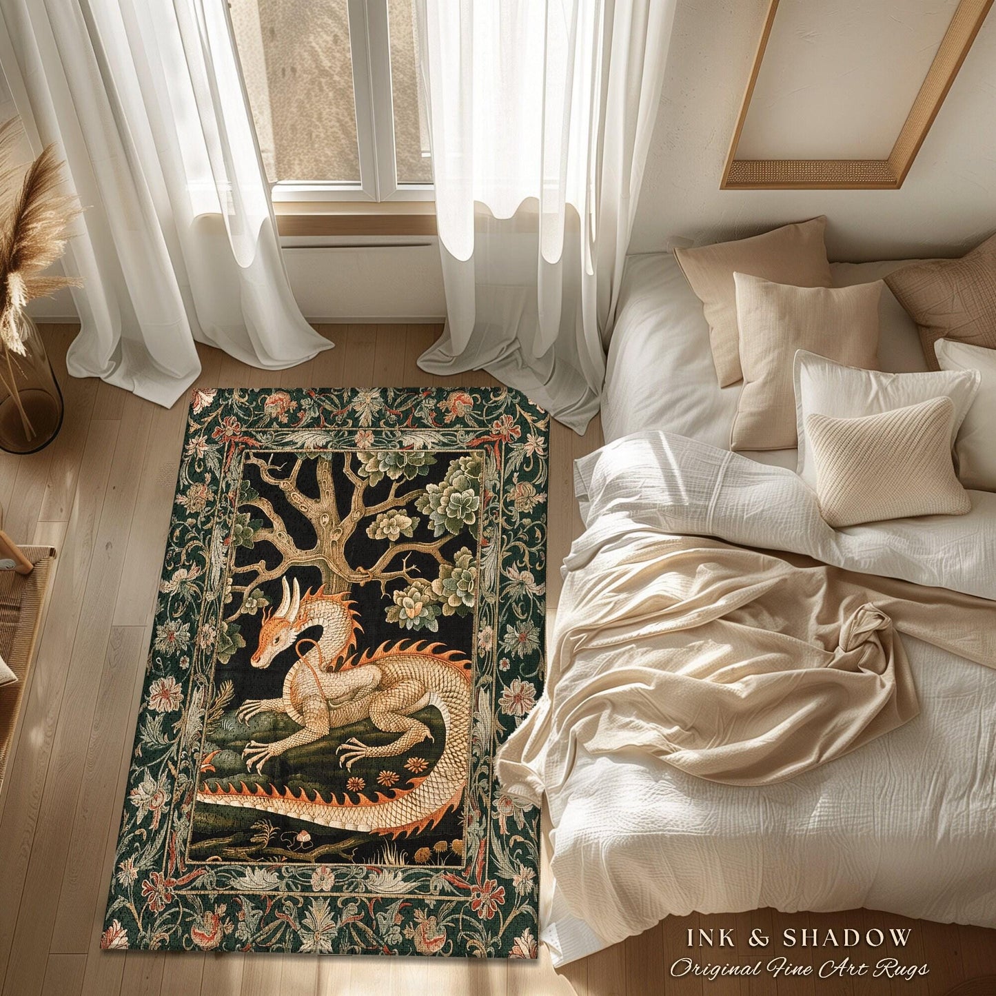 Enchanted Woods Round Dragon Rug | Medieval Aesthetic Fairytale Nursery Decor Morris Style Cottagecore Fairycore Bedroom Mystical Woodland