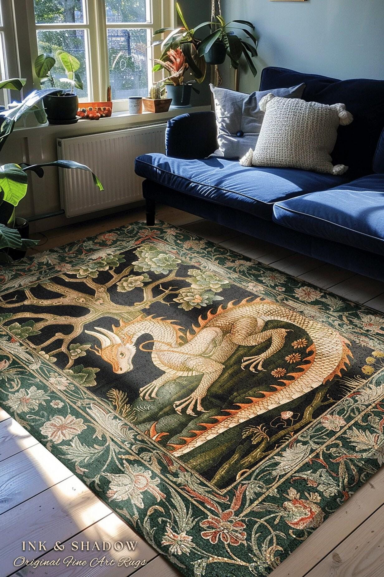 Enchanted Woods Round Dragon Rug | Medieval Aesthetic Fairytale Nursery Decor Morris Style Cottagecore Fairycore Bedroom Mystical Woodland