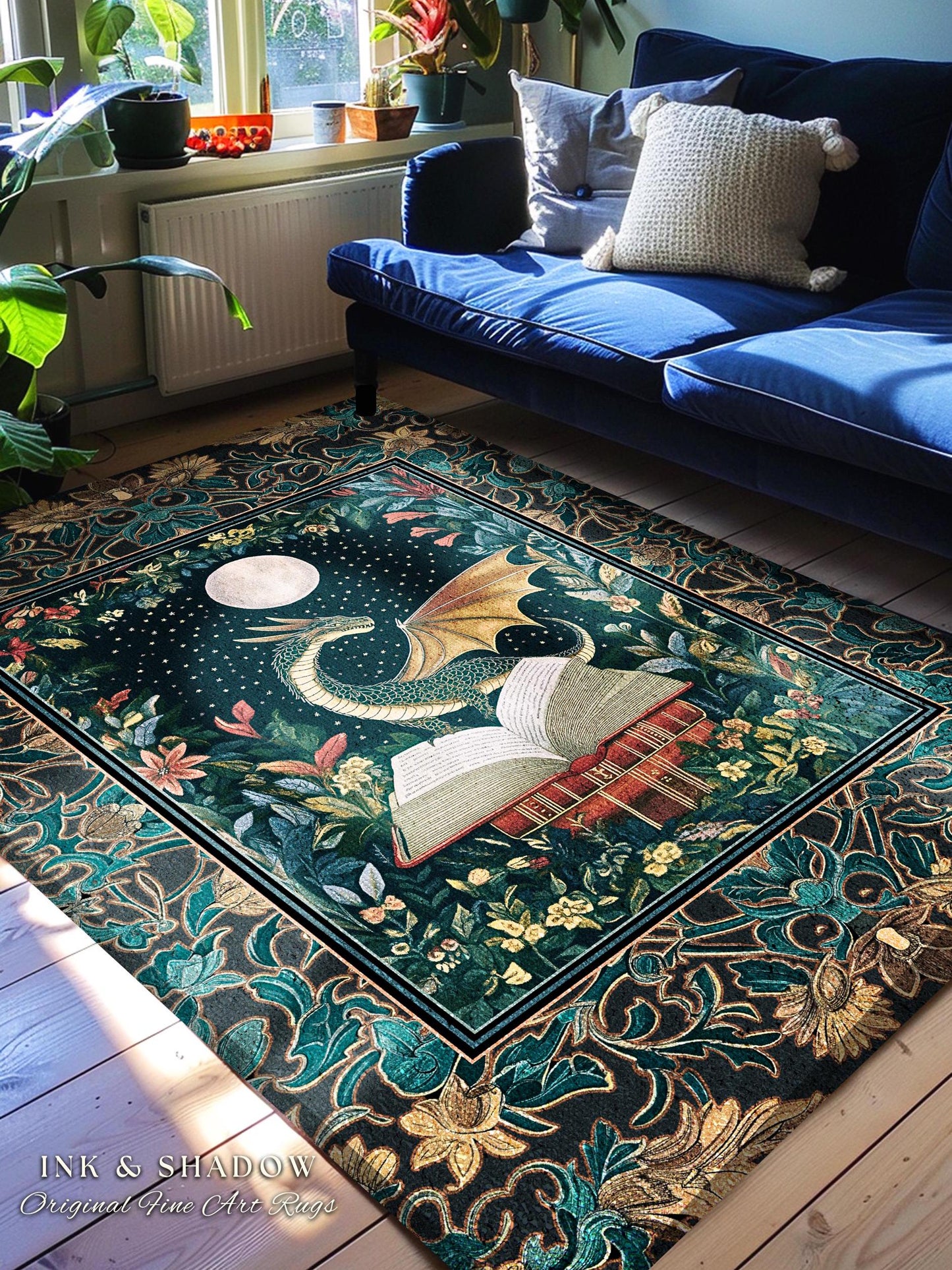 Witchy Moonlit Dragon Accent Rug | Book Lover Bedroom Fantasy Fairytale Style Fairycore Cottagecore Aesthetic Enchanting Area Rug Ethereal |