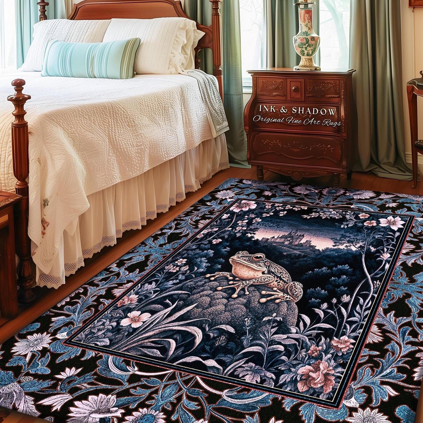 Witchy Toad Rug for Moody Bedroom | Dark Victorian Floral Frog Lover Accent Rug Eclectic Living Room Whimsical Cottagecore Magic Fairycore
