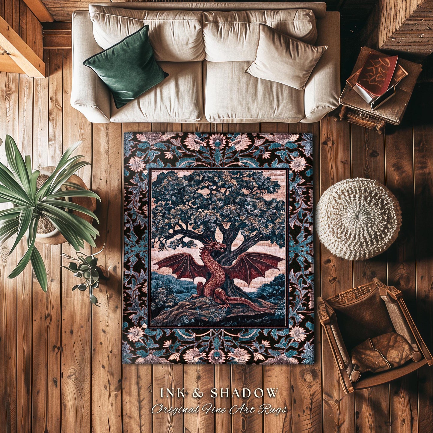 Rustic Medieval Fantasy Dragon Area Rug | Romantic Aesthetic Baroque Bedroom Fantasy Tree of Life Botanical Mythical Creatures Bedroom Art |