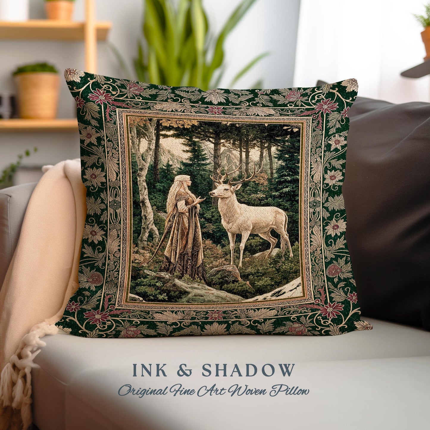 Emerald Forest Spirits Throw Pillow | Botanical Elegance Woodland Spirits Dark Green Cushion Goth Fairycore Romantic Aesthetic Gothic Deer
