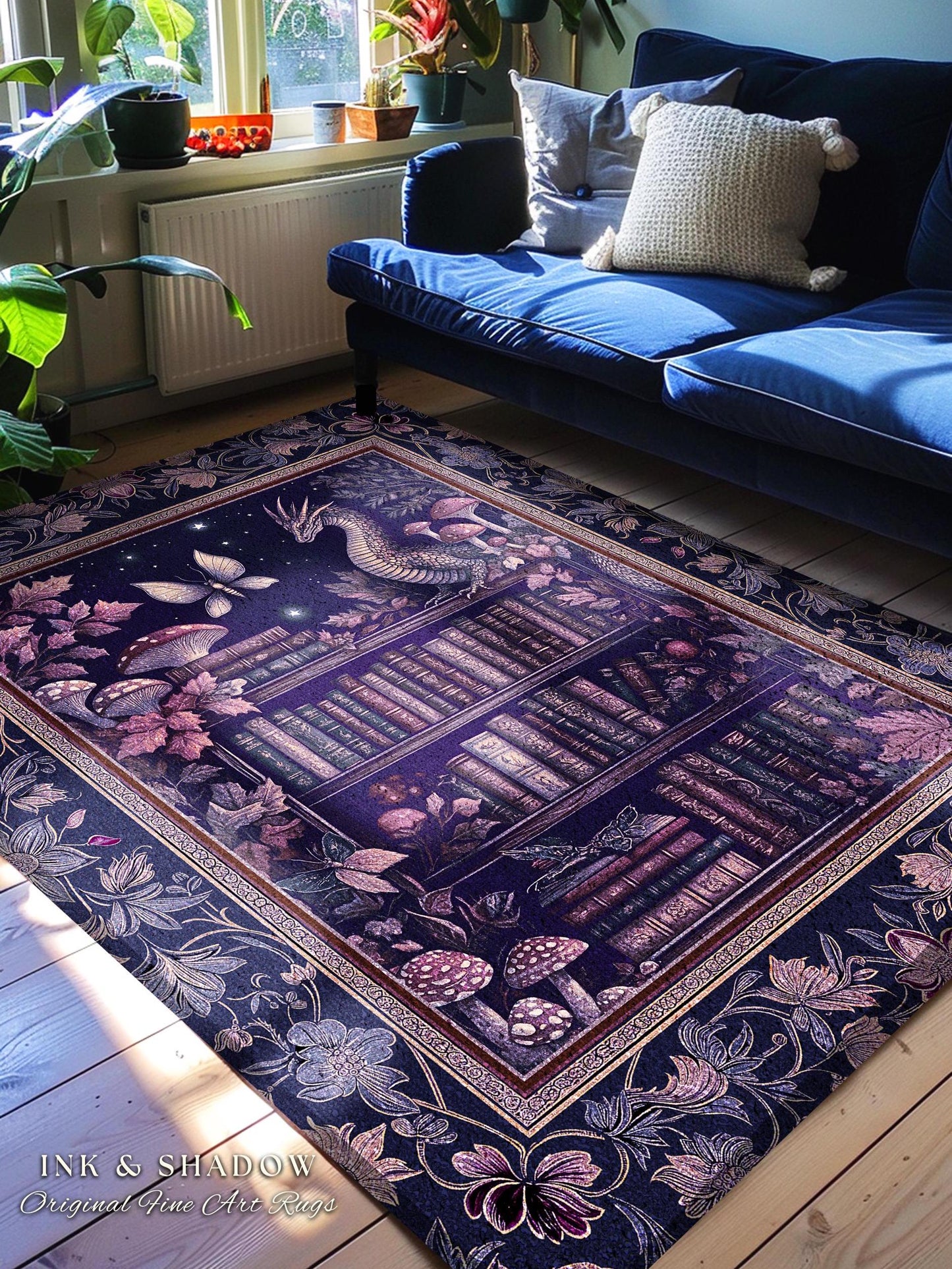 Fairytale Books & Dragon Rug Mystical Cottagecore Purple Decor | Whimsical Witchy Reading Nook Enchanted Victorian Academia Art Area Rug