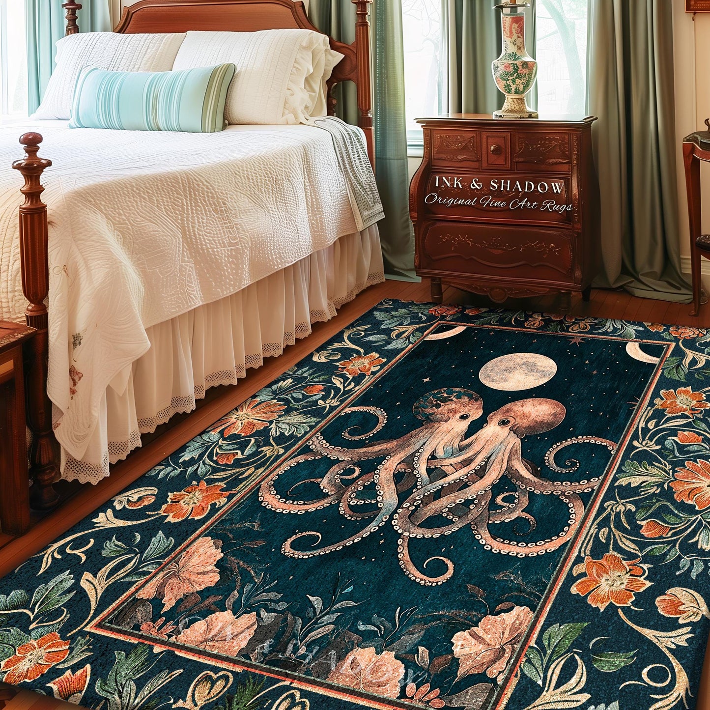 Moonlit Ocean Aesthetic Octopus Rug | Underwater Theme Ocean Aesthetic Eclectic Oddities Whimsical Area Rug Magical Ethereal Sea Life Accent