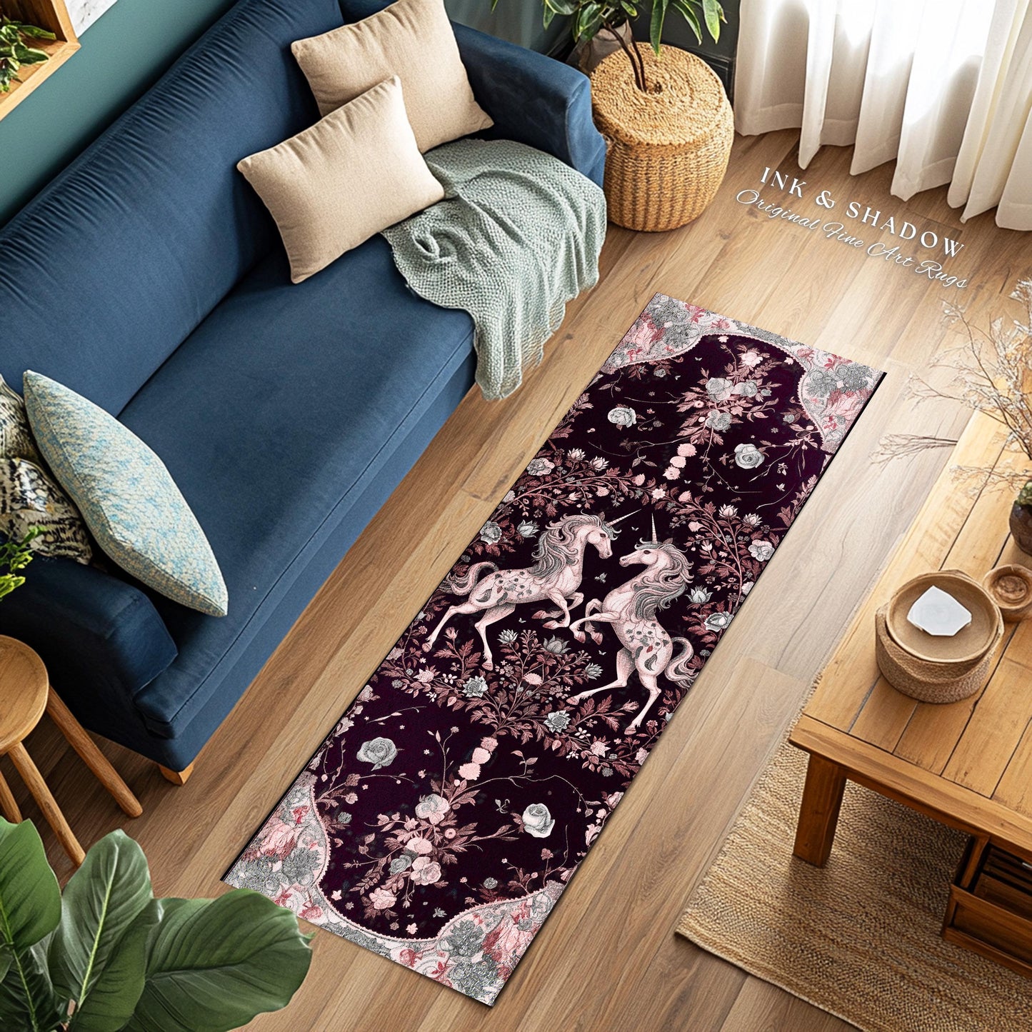 Dark Fairytale Unicorn Runner Rug | Whimsical Fairycore Home Accent Victorian Gothic Floral Decor Baroque Romantic Mystic Cute Area Rug Boho