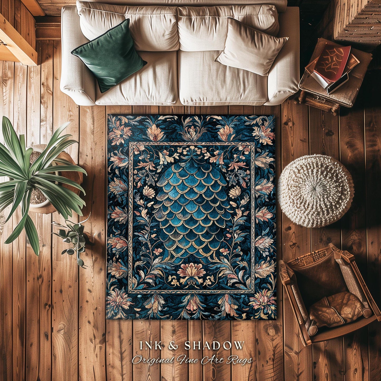 Midnight Navy Royal Accent Rug | Dragon Scale Art Deco Eclectic Ornate Bedroom Area Rug Dark Academia Maximalist Floral Fantasy Aesthetic |