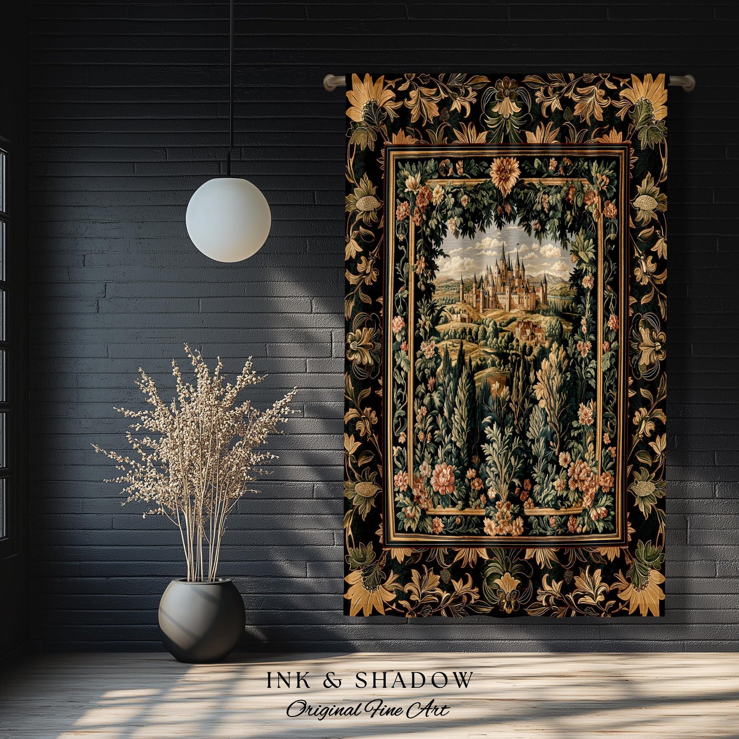 Dark Academia Victorian Royal Curtain | Fantasy Window Blackout Decor Woodland Princess Medieval Rustic Floral Landscape Coquette Maximalist