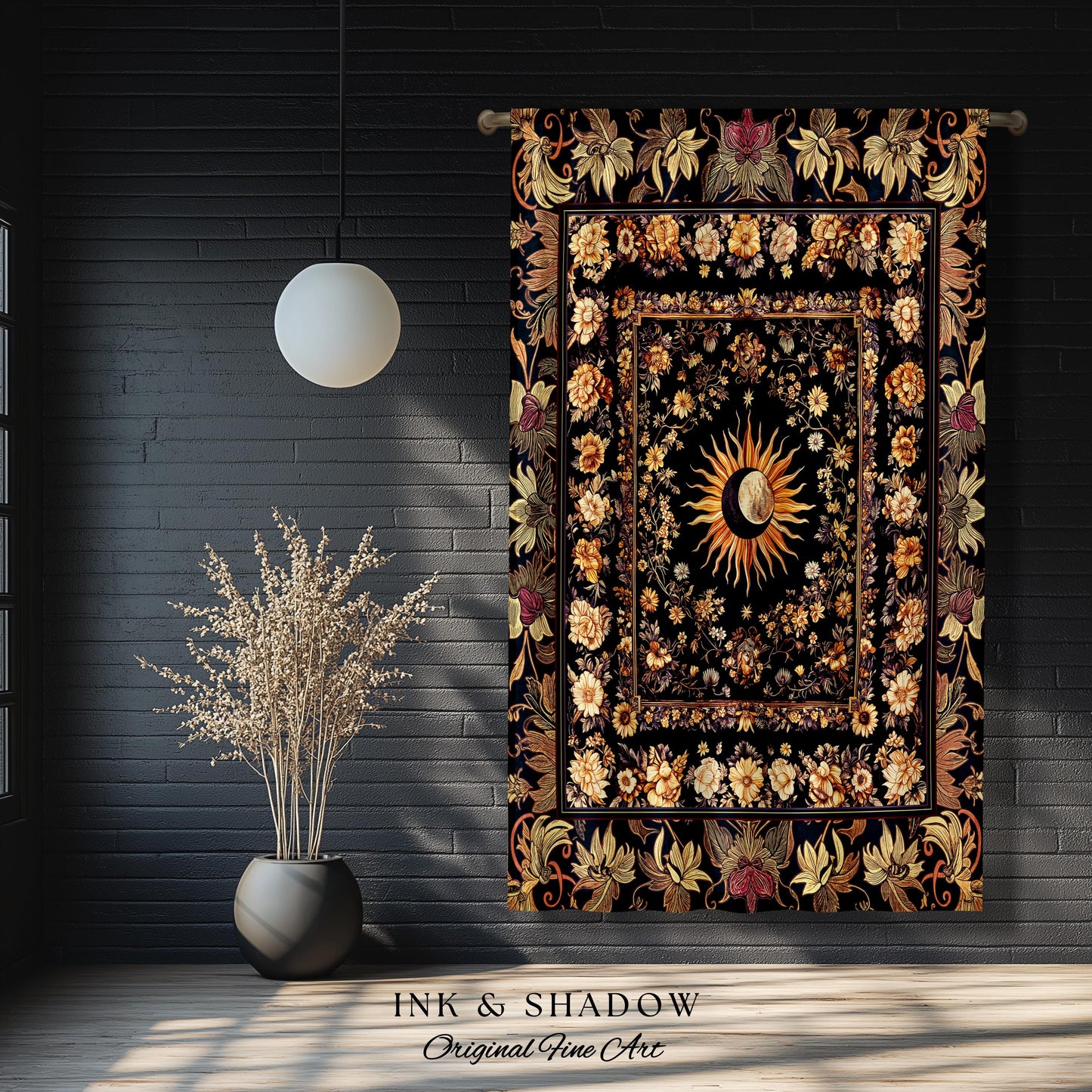 Cosmic Elegance Celestial Curtains | Dark Cottagecore Moon & Sun Ethereal Divine Aesthetic Witchy Bohemian Eclectic Spiritual Bedroom Drapes