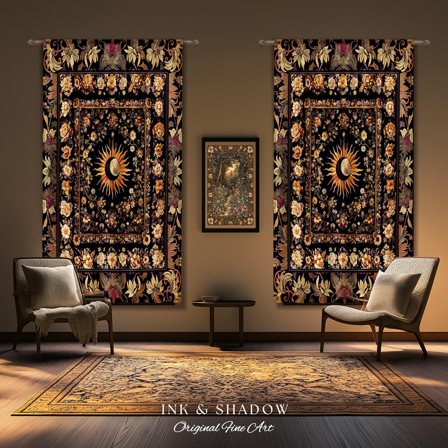 Cosmic Elegance Celestial Curtains | Dark Cottagecore Moon & Sun Ethereal Divine Aesthetic Witchy Bohemian Eclectic Spiritual Bedroom Drapes