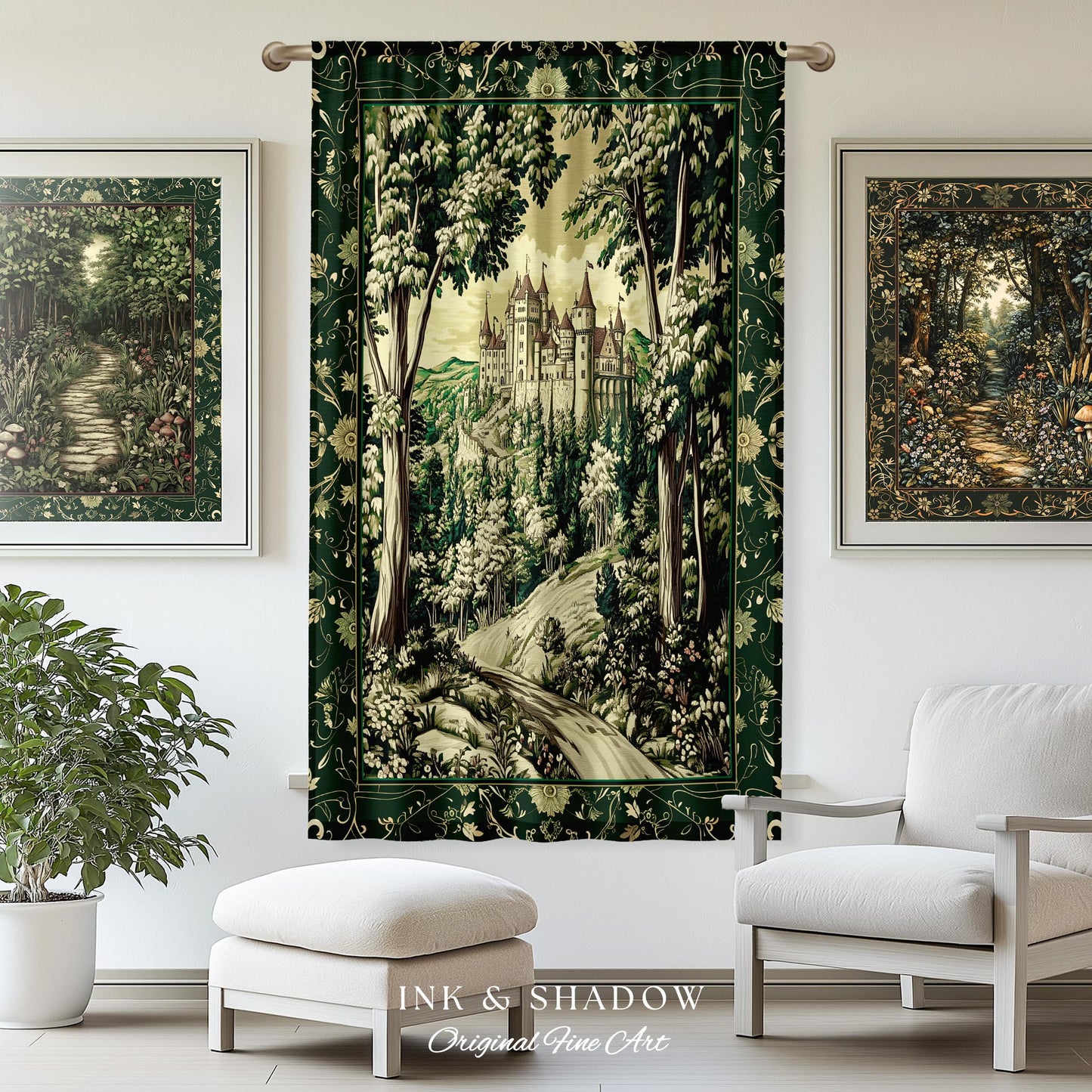 Medieval Castle Woodland Forest Curtains Forestcore Dark Academia Fairytale Decor | Fairycore Magical Emerald Green Landscape Drapes Royal |