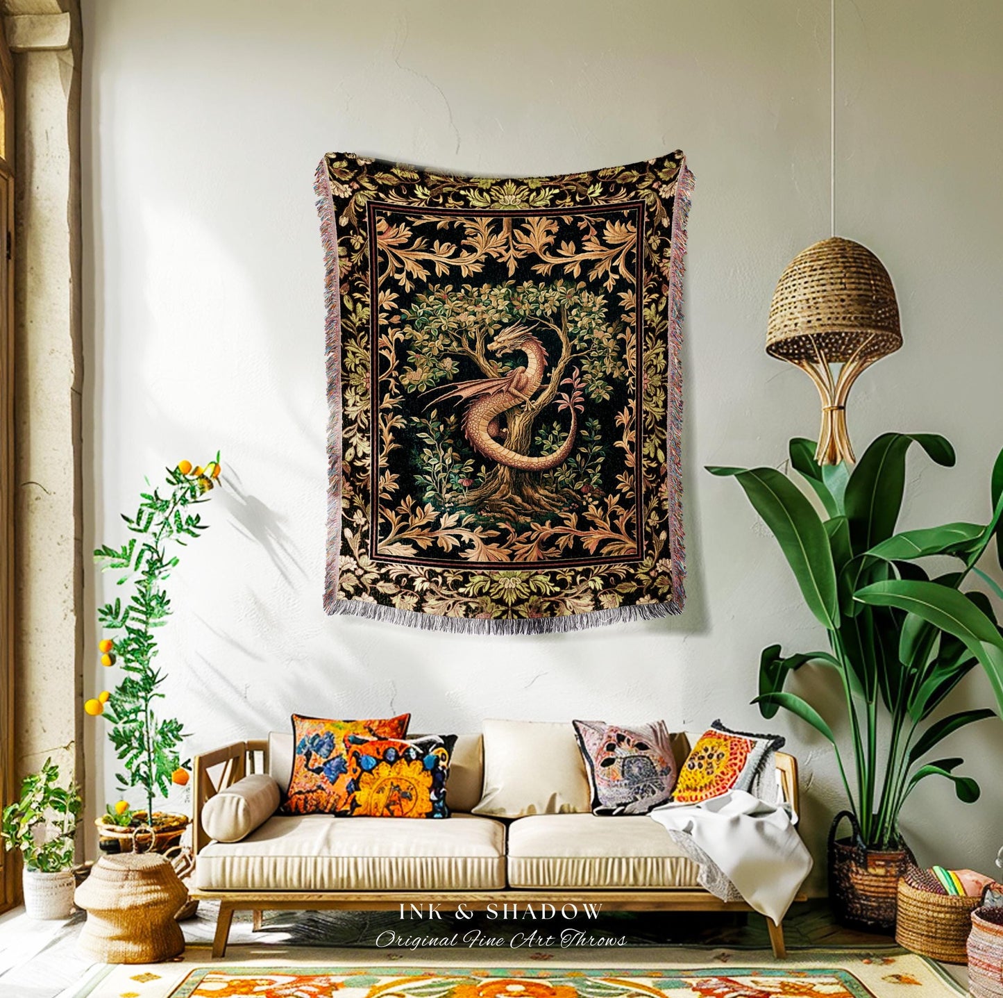 Ornate Victorian Gothic Dragon Blanket Enchanted Baroque Medieval Forestcore Tapestry Throw Mystical Vintage Fantasy Whimsical Woodland Home