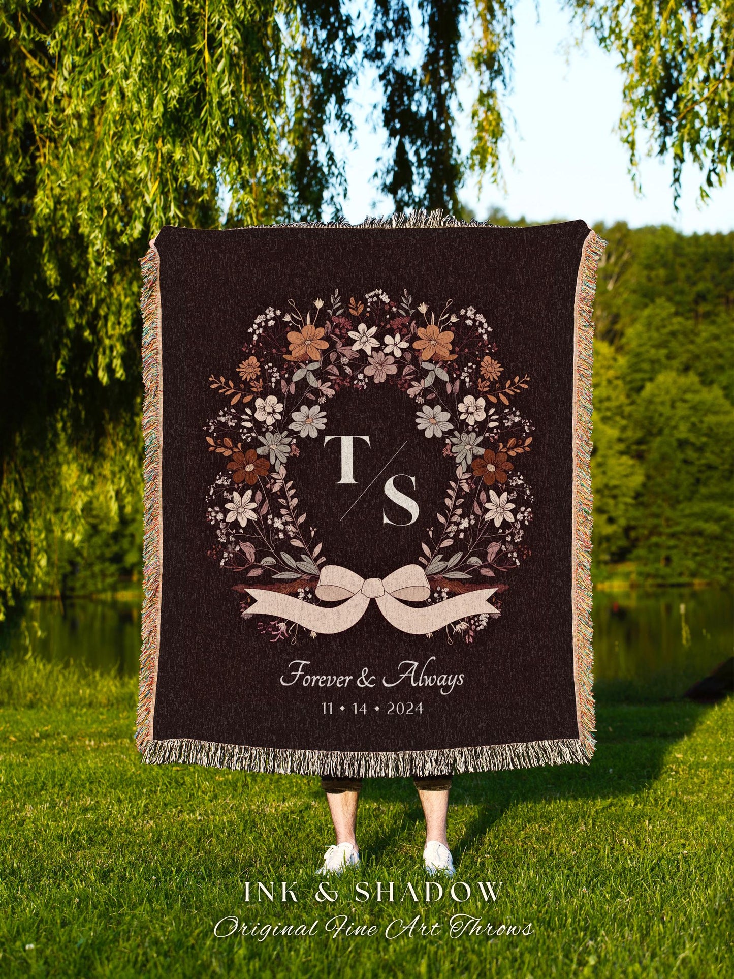 Elegant Boho Anniversary Tapestry Blanket | His and Hers Initials Personalized Wedding Date Keepsake Woven Throw Floral Folklore Aesthetic