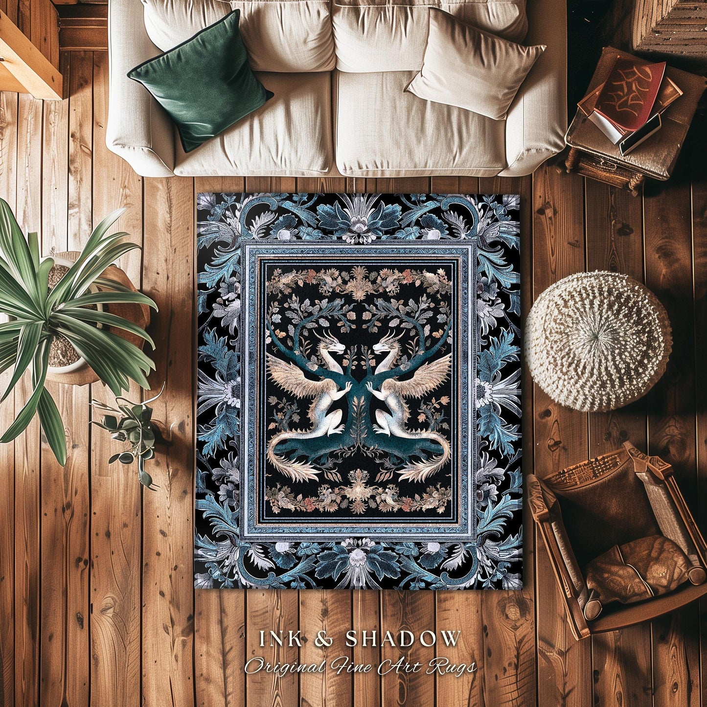 Indigo Dusty Blue Medieval Dragon Lovers Rug Mystic Fairycore Boho Art Nouveau Decor | Vintage Dark Academia Victorian Gothic Fairytale Rug