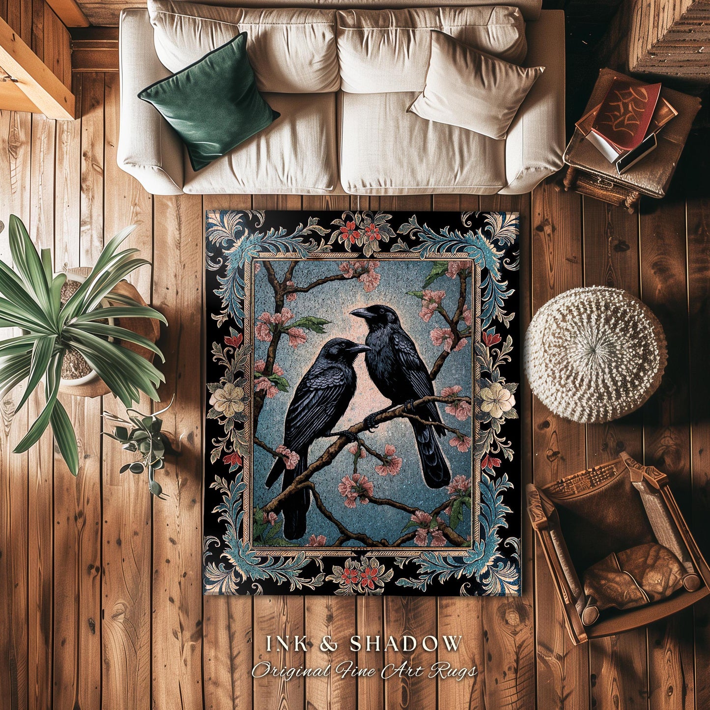 Dark Cottagecore Bird Home Decor Whimsical Woodland Gothic Raven Rug | Dark Academia Whimsigothic Crowcore Dusty Blue Enchanted Forestcore