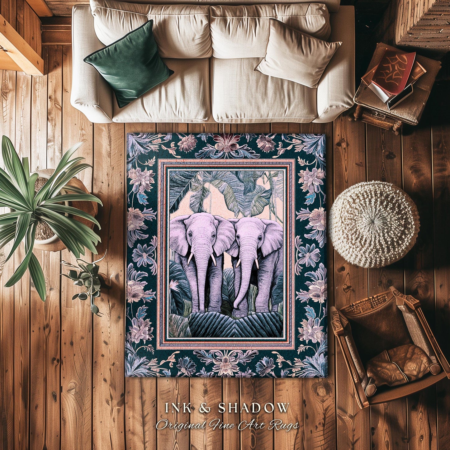 Pastel Botanical Elephant Rug | Jungle Aesthetic Victorian Gothic Cute Pink Elephant Woodland Ethereal Home Decor Eclectic Maximalist Room |