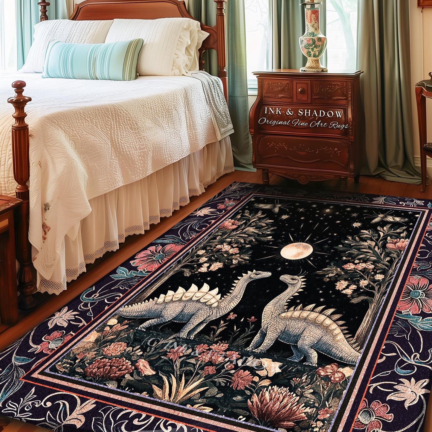 Enchanted Forest Stegosaurus Rug Celestial Dinosaur Witchy Cottagecore Whimsigoth Decor, Moonlit Woodland Gothic Floral Jurassic Forestcore