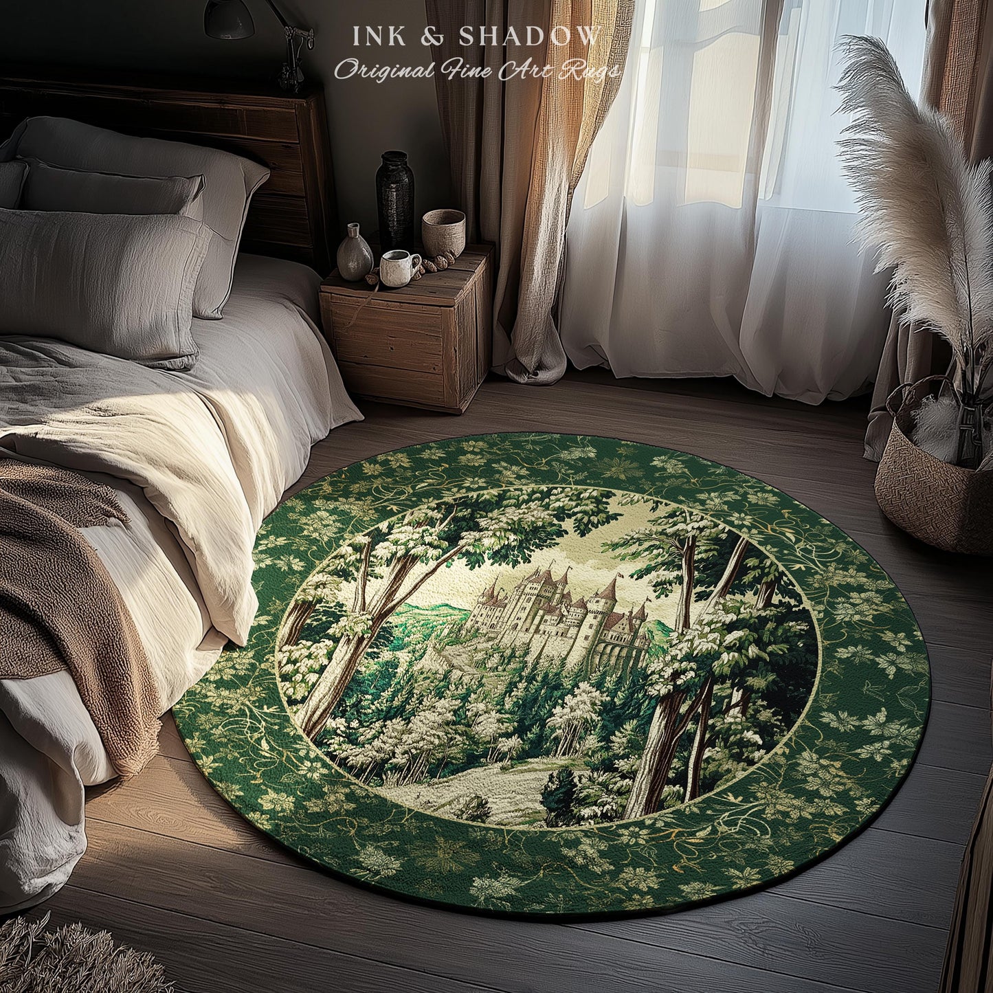 Medieval Castle Woodland Forest Round Rug | Forestcore Dark Academia Fairytale Inspired Fairycore Aesthetic Accent Rug Magical Emerald Decor