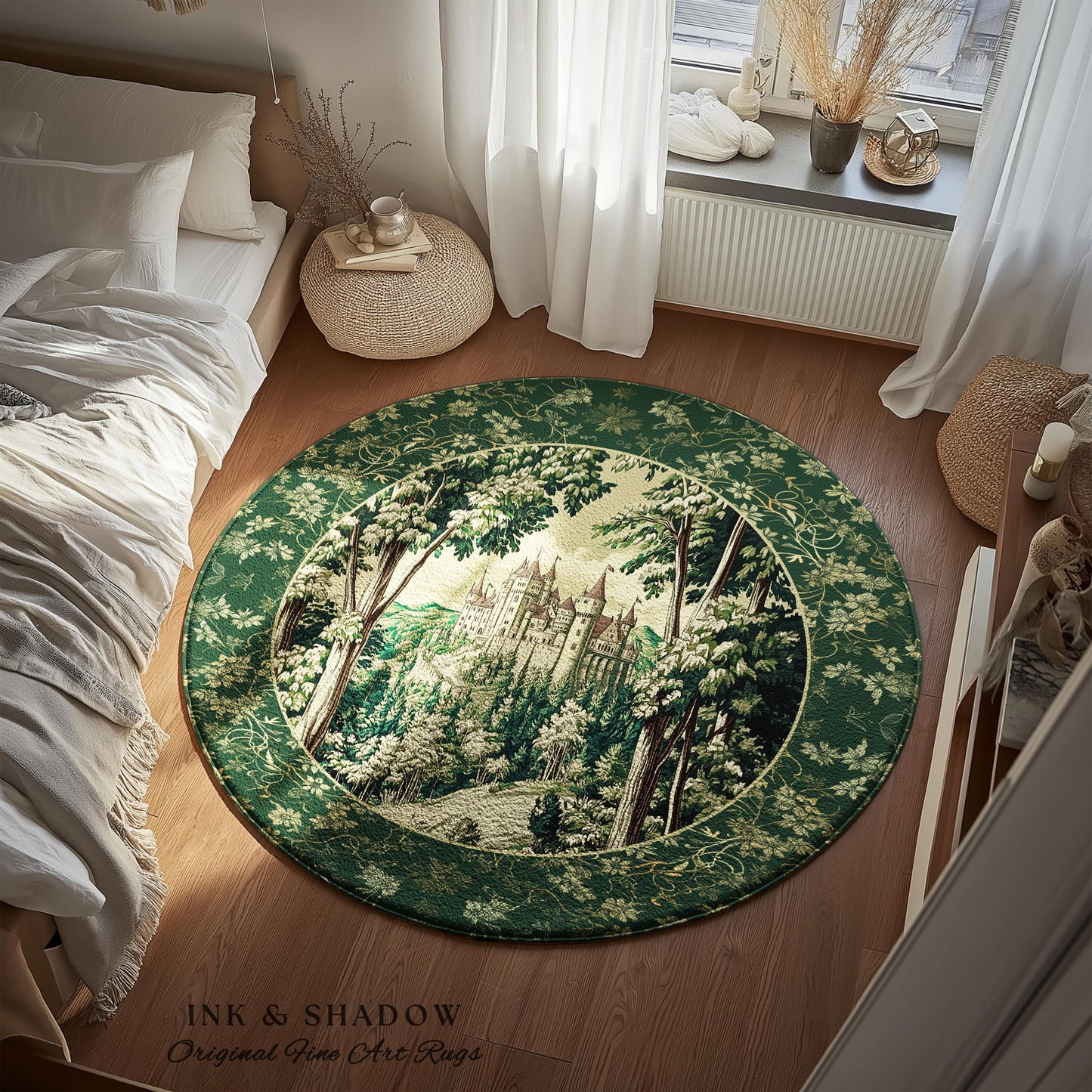 Medieval Castle Woodland Forest Round Rug | Forestcore Dark Academia Fairytale Inspired Fairycore Aesthetic Accent Rug Magical Emerald Decor