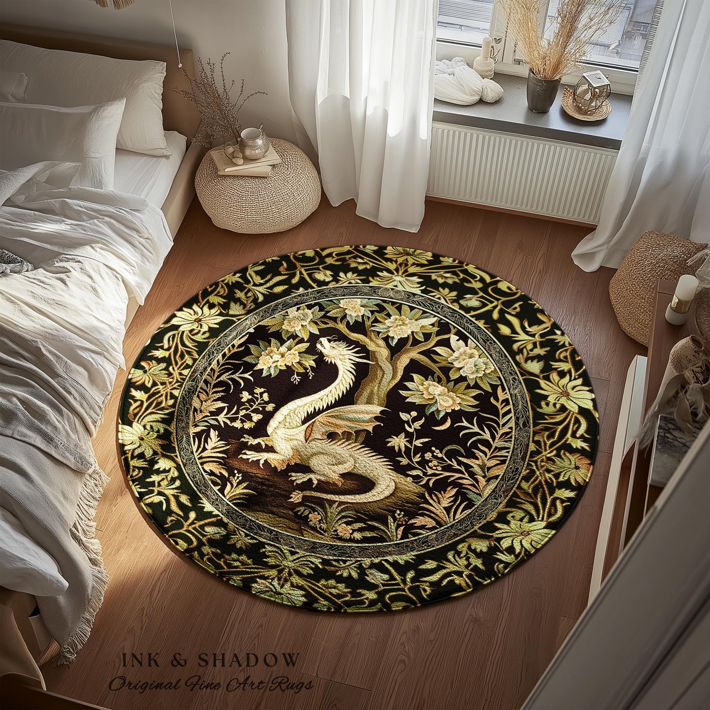 Woodland Gothic White Dragon Round Area Rug Enchanted Forest Decor | Mystical Dark Academia Whimsical Fantasy Forestcore Dark Nature Decor