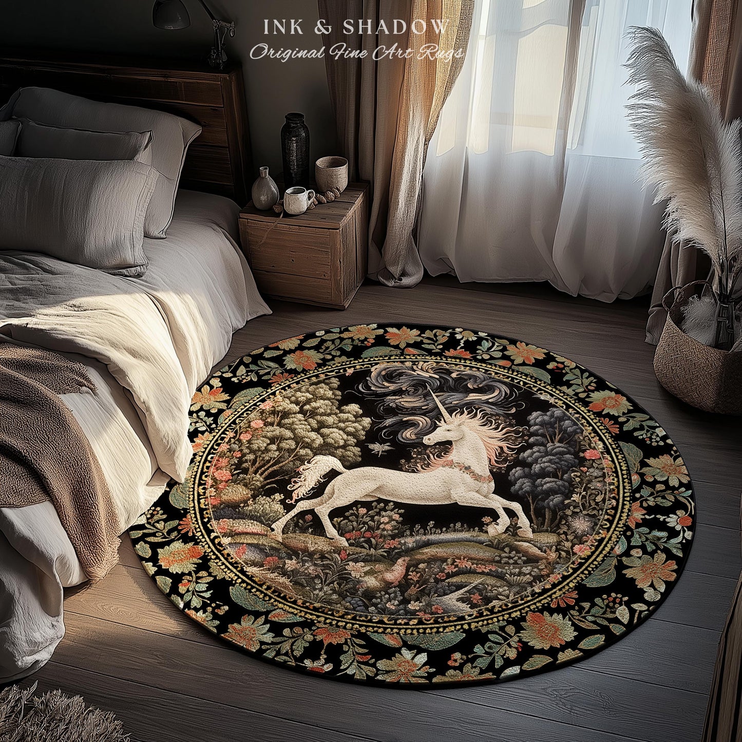 Enchanted Unicorn Round Accent Rug | Fairytale Aesthetic Nursery Decor Morris Cottagecore Fairycore Nursery Area Rug Mystical Storybook Art
