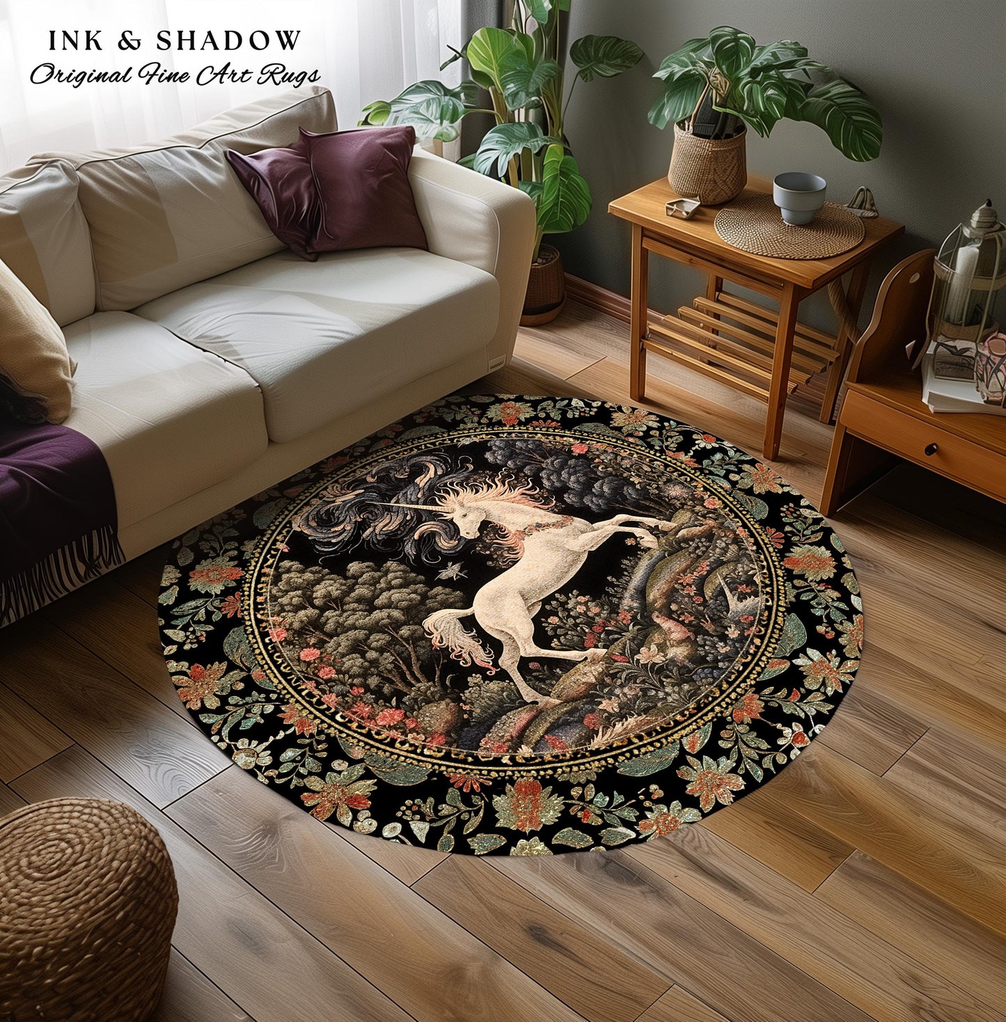 Enchanted Unicorn Round Accent Rug | Fairytale Aesthetic Nursery Decor Morris Cottagecore Fairycore Nursery Area Rug Mystical Storybook Art