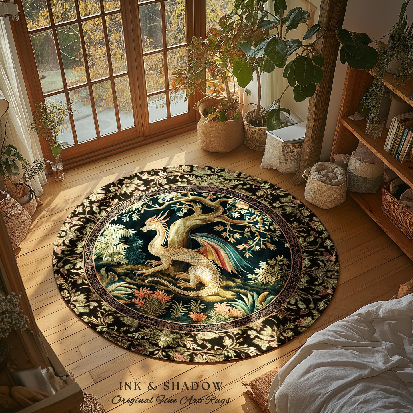 Baroque Dragon Fantasy Round Area Rug | Dark Medieval Enchanting Nature Accent Ancient Aesthetic Ethereal Storybook Home Accent Forestcore