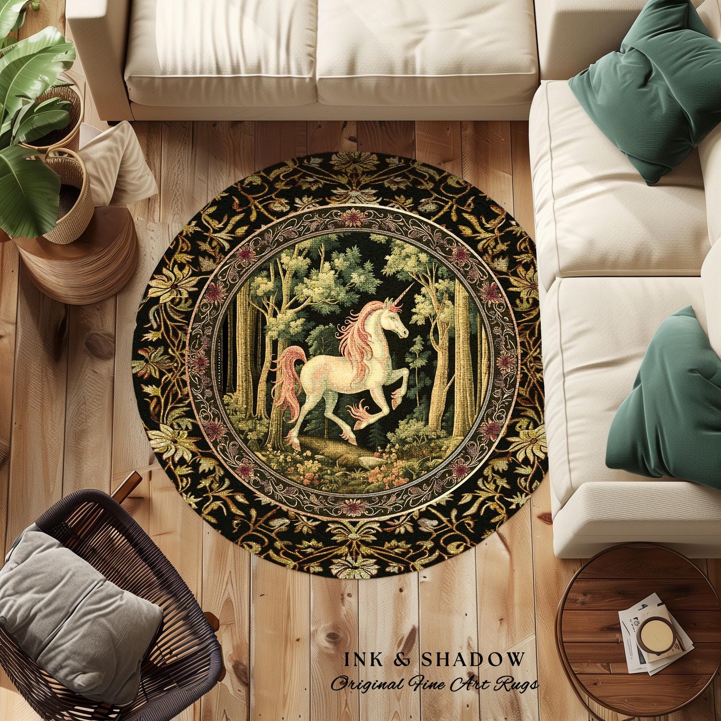 Medieval Unicorn Round Area Rug | Dark Woodland Aesthetic Enchanted Forest Decor Whimsical Cottagecore Mystic Fairytale Forestcore Accent |