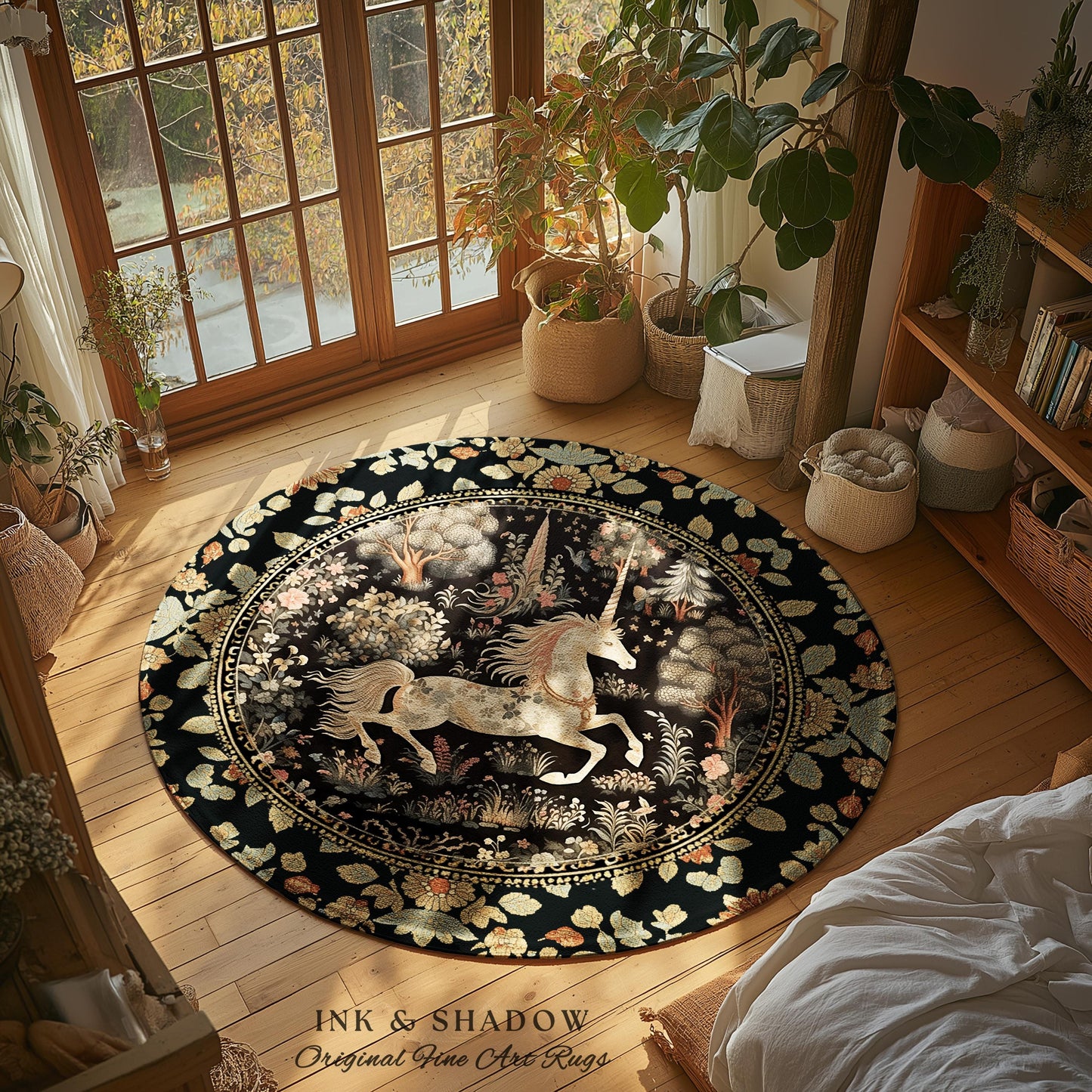 Fairy Grunge Unicorn Round Rug | Folklore Aesthetic Nursery Decor Morris Style Cottagecore Woodland Fairycore Mystical Ethereal Unicorn Boho