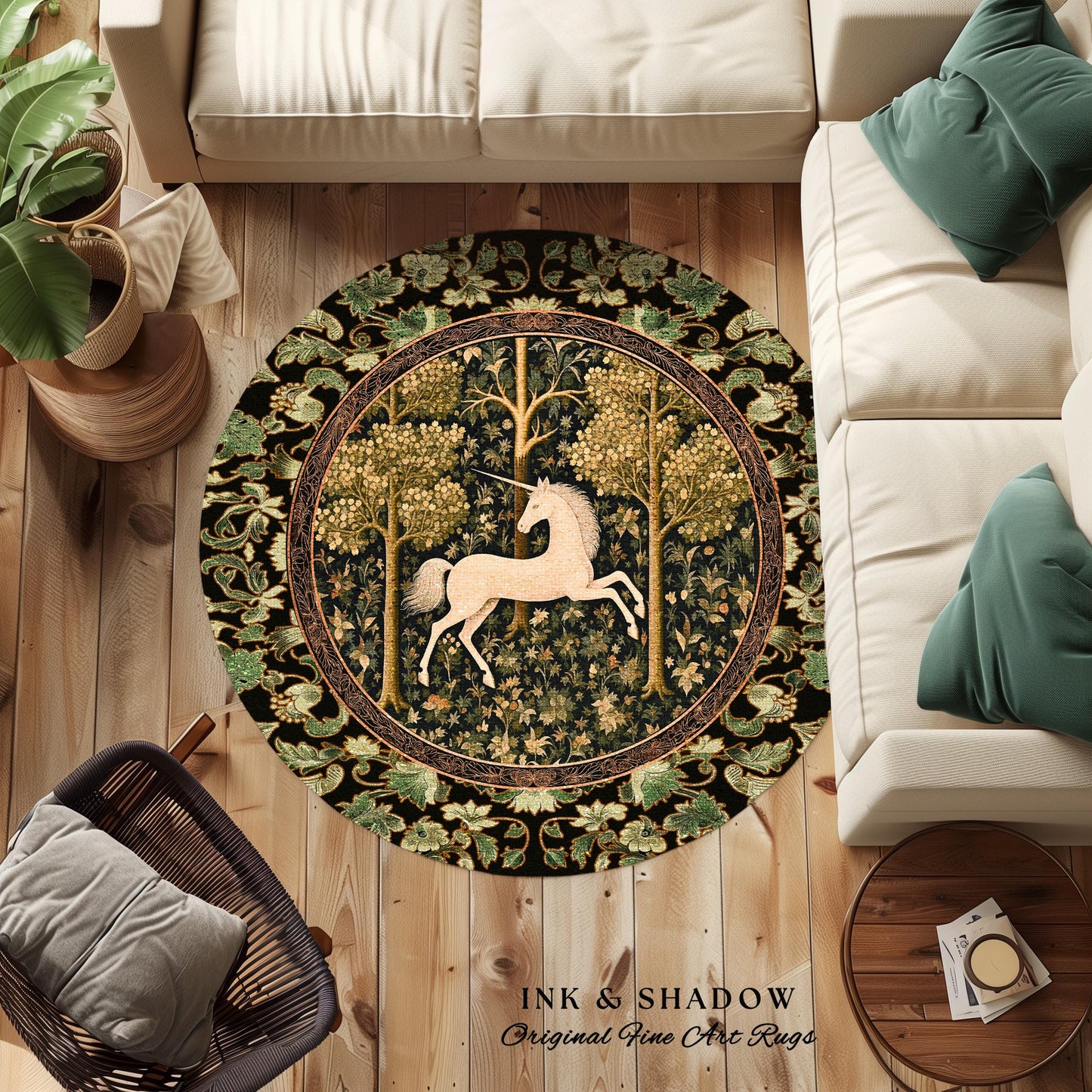 Magic Aesthetic Unicorn Round Area Rug Cottagecore Style, Dark Academia Folklore Decor Maximalist Fantasy Art Enchanted Fairytale Accent