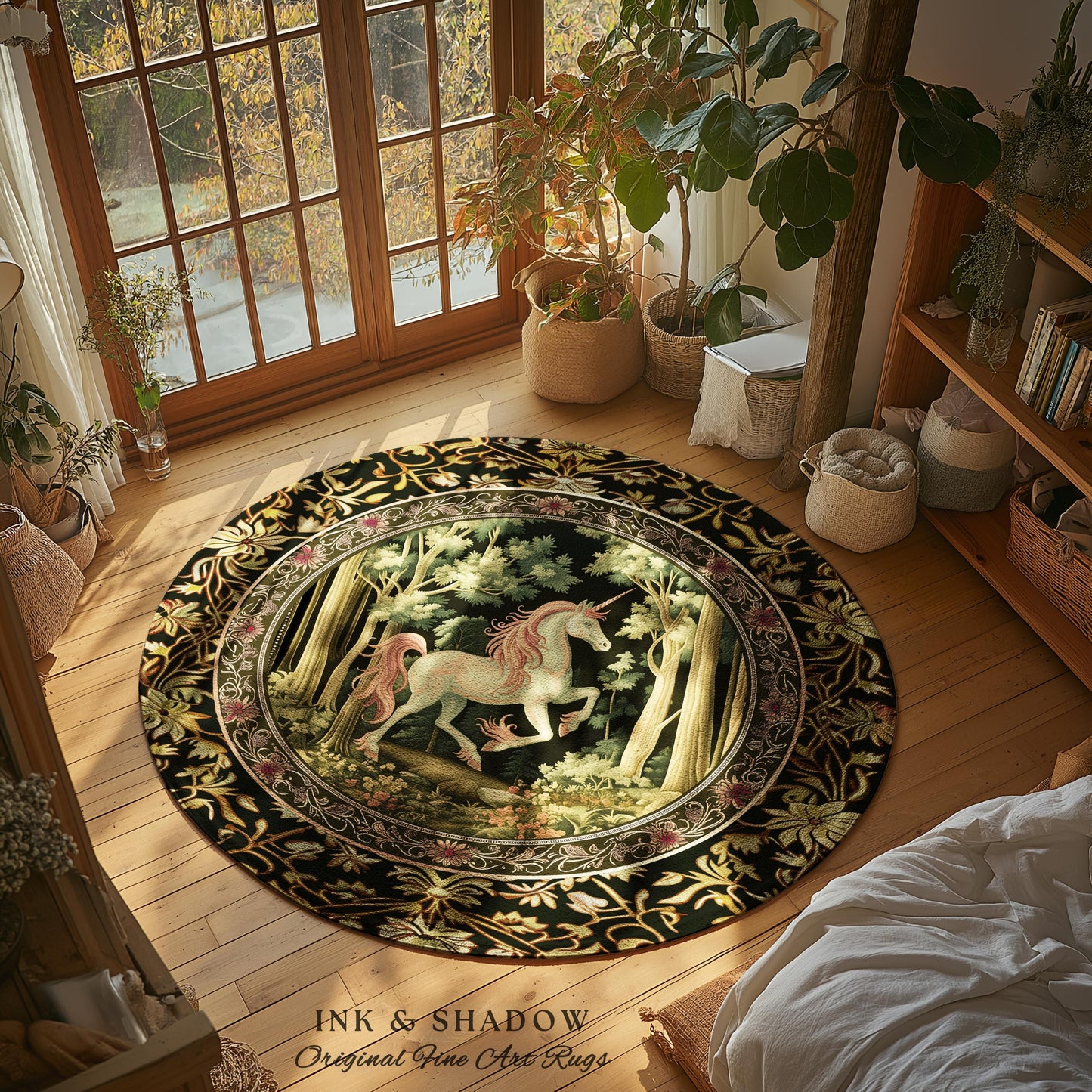 Medieval Unicorn Round Area Rug | Dark Woodland Aesthetic Enchanted Forest Decor Whimsical Cottagecore Mystic Fairytale Forestcore Accent |