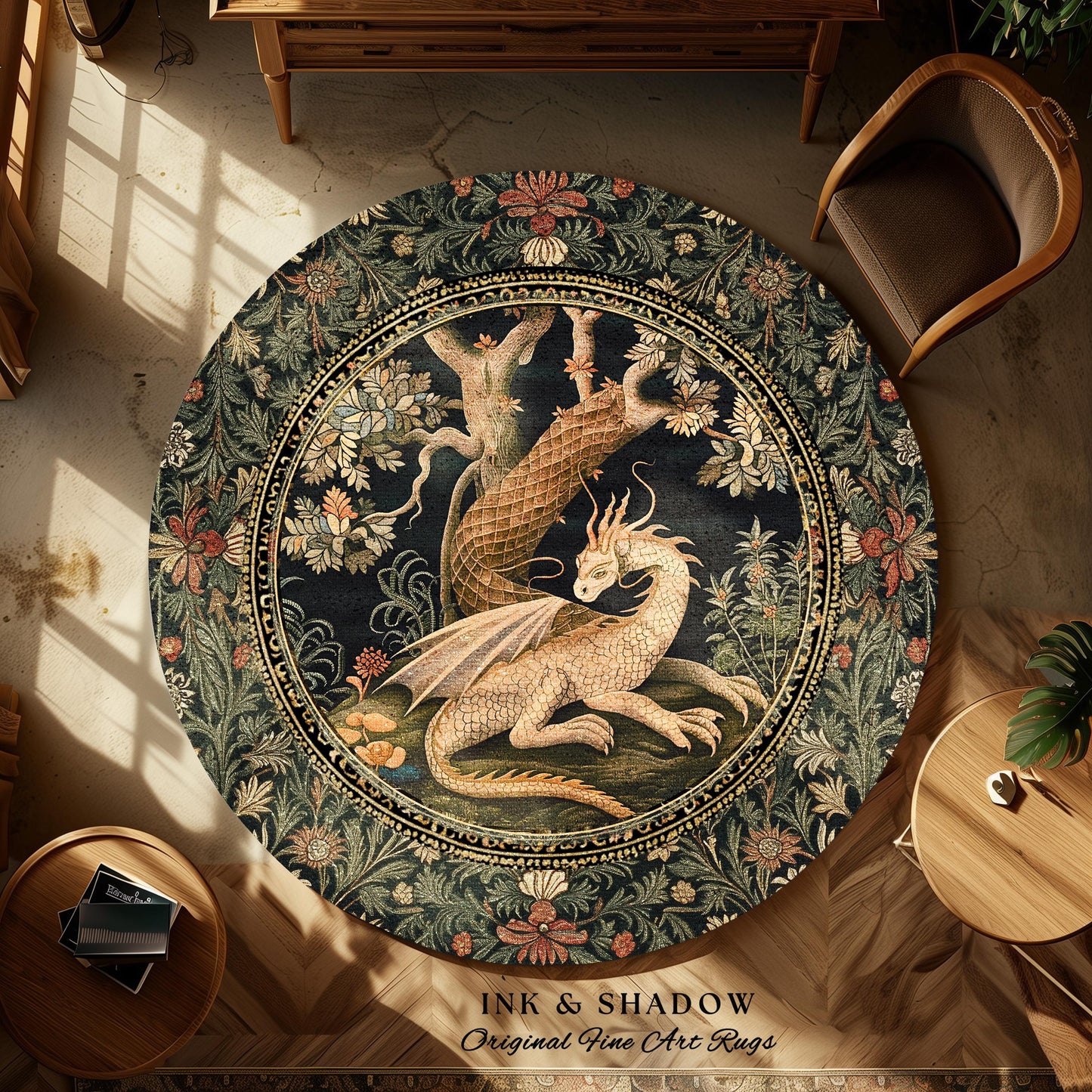 Dark Medieval Dragon Aesthetic Round Area Rug | Folklore Room Decor Fairytale Inspired DnD Gift Dark Cottagecore Fairycore Game Room Decor